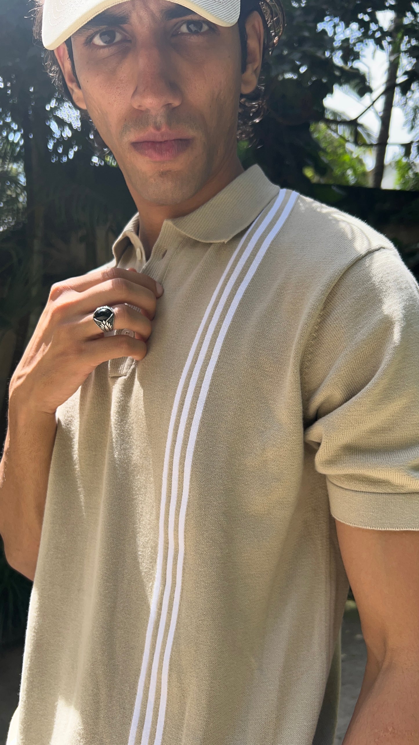 Regular Fit Striped Design Polo T-Shirt - Beige