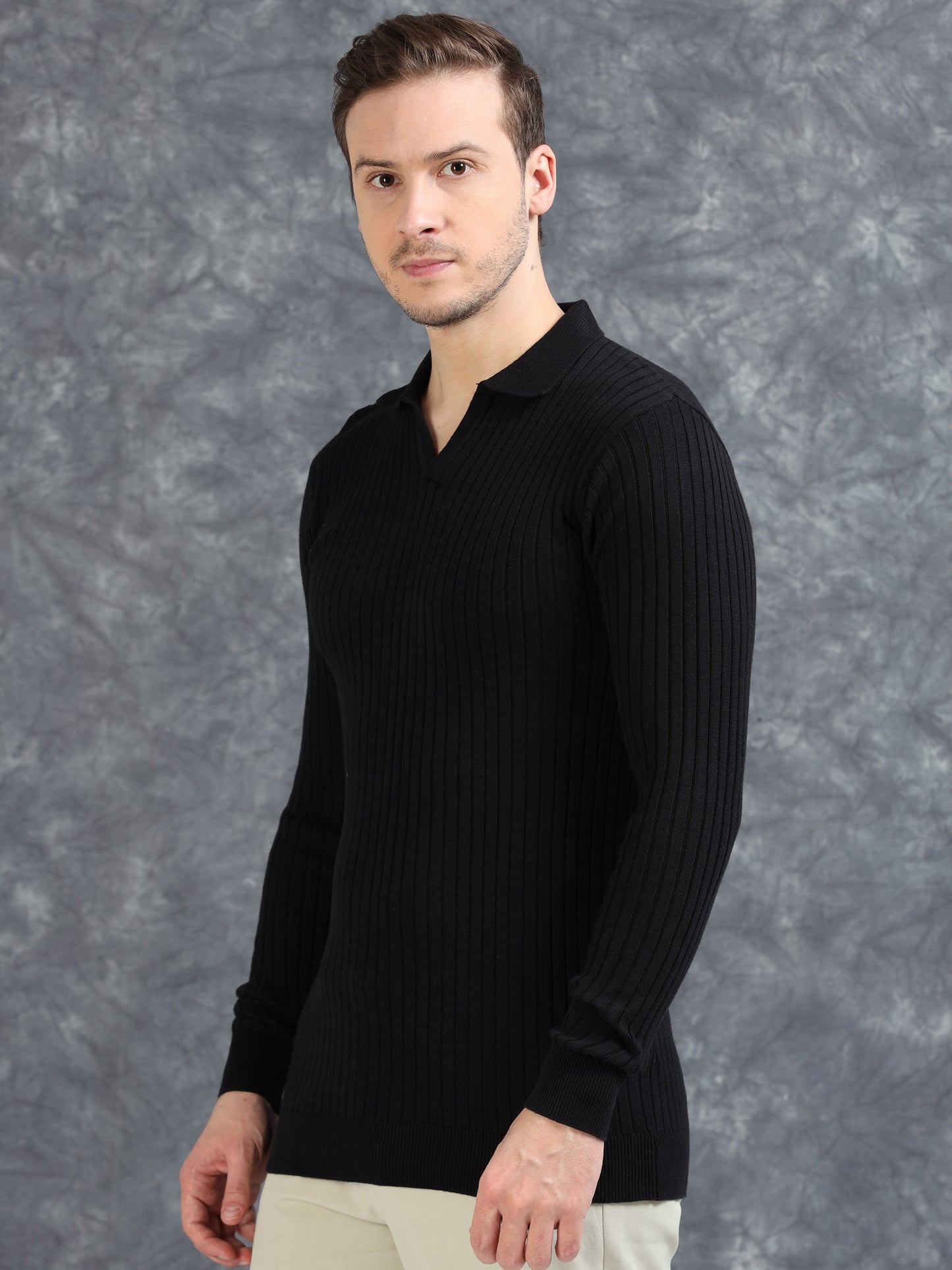 Ribbed Texture Full Sleeve Polo T-Shirt Black
