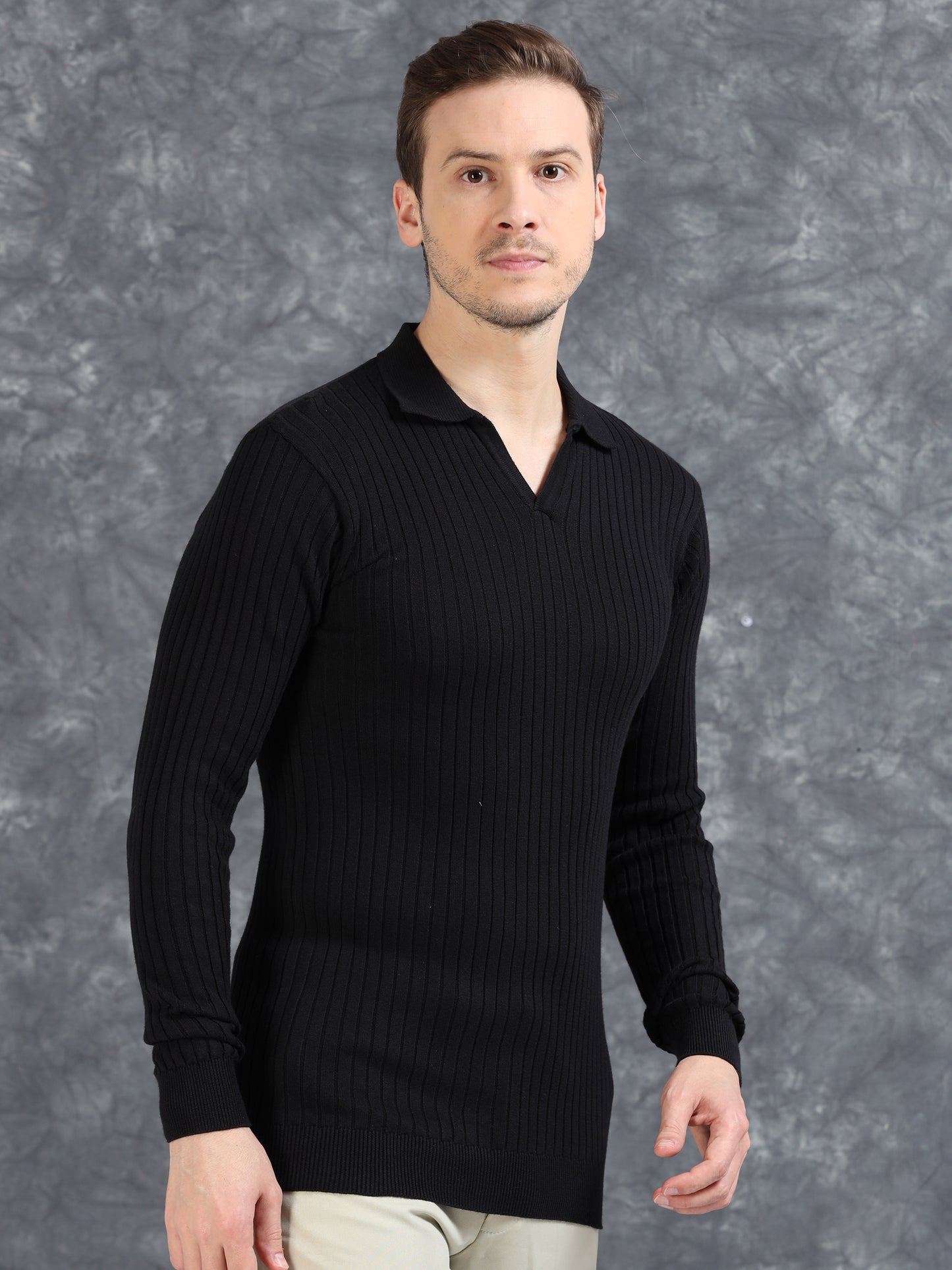 Ribbed Texture Full Sleeve Polo T-Shirt Black