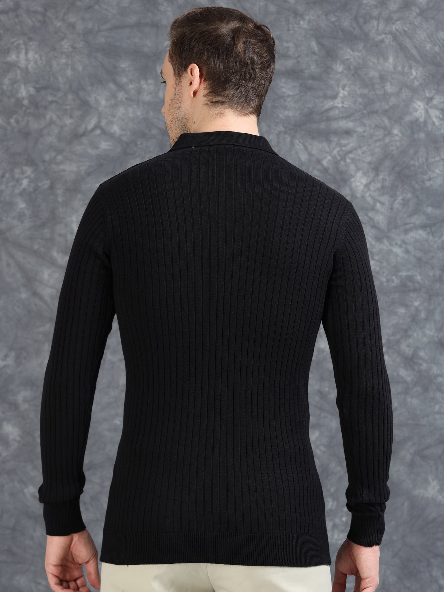 Ribbed Texture Full Sleeve Polo T-Shirt Black