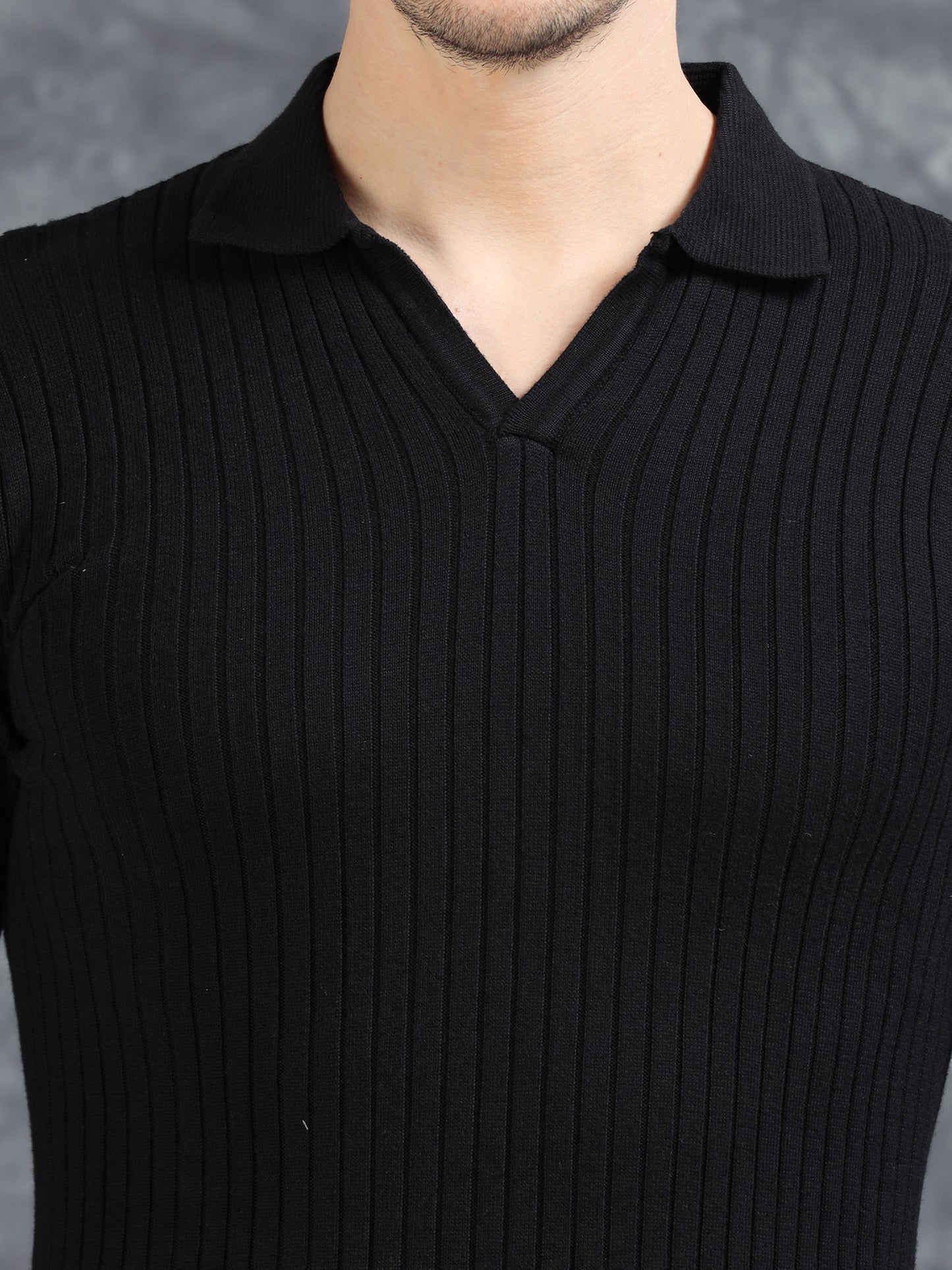 Ribbed Texture Full Sleeve Polo T-Shirt Black