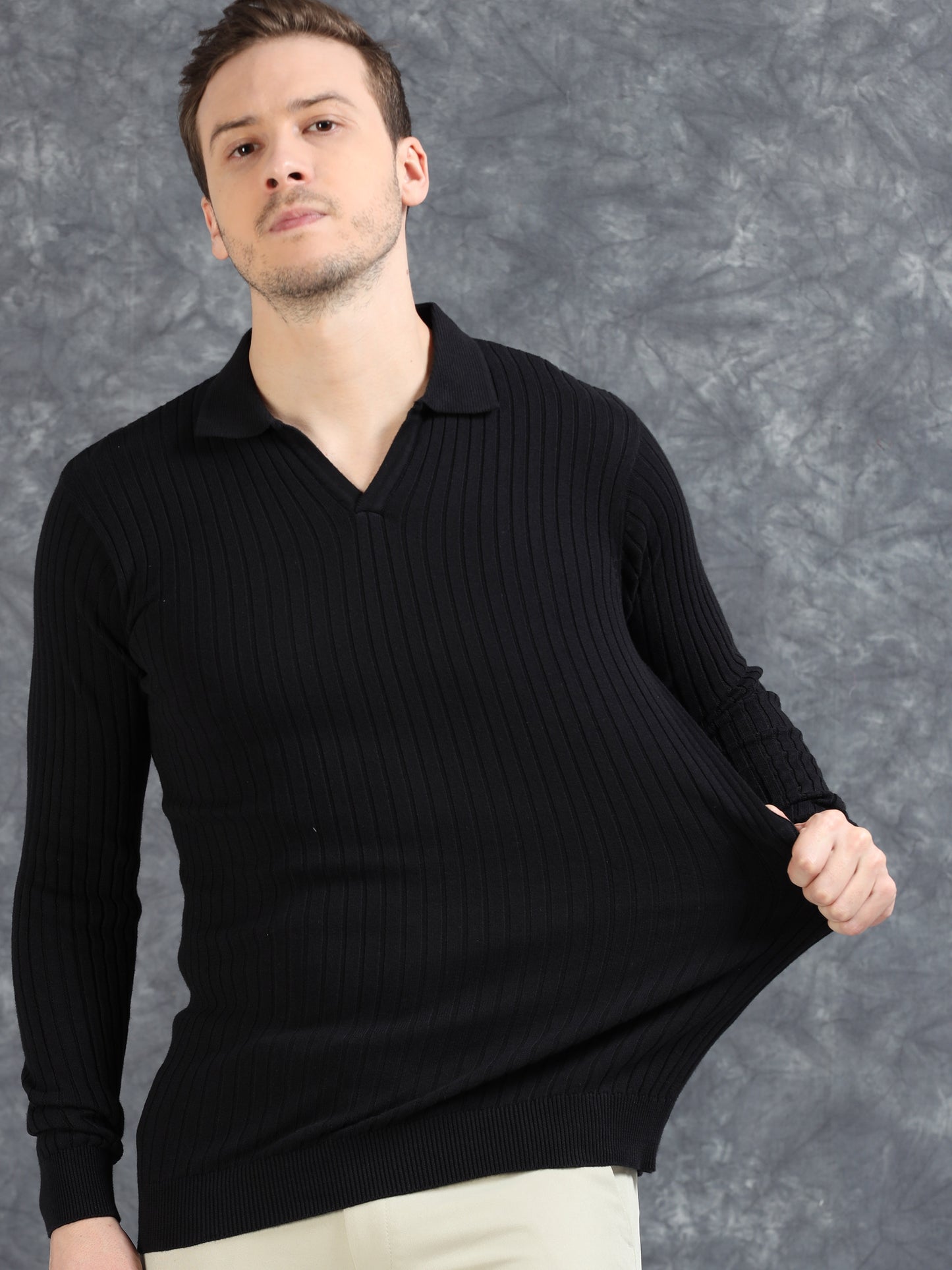 Ribbed Texture Full Sleeve Polo T-Shirt Black