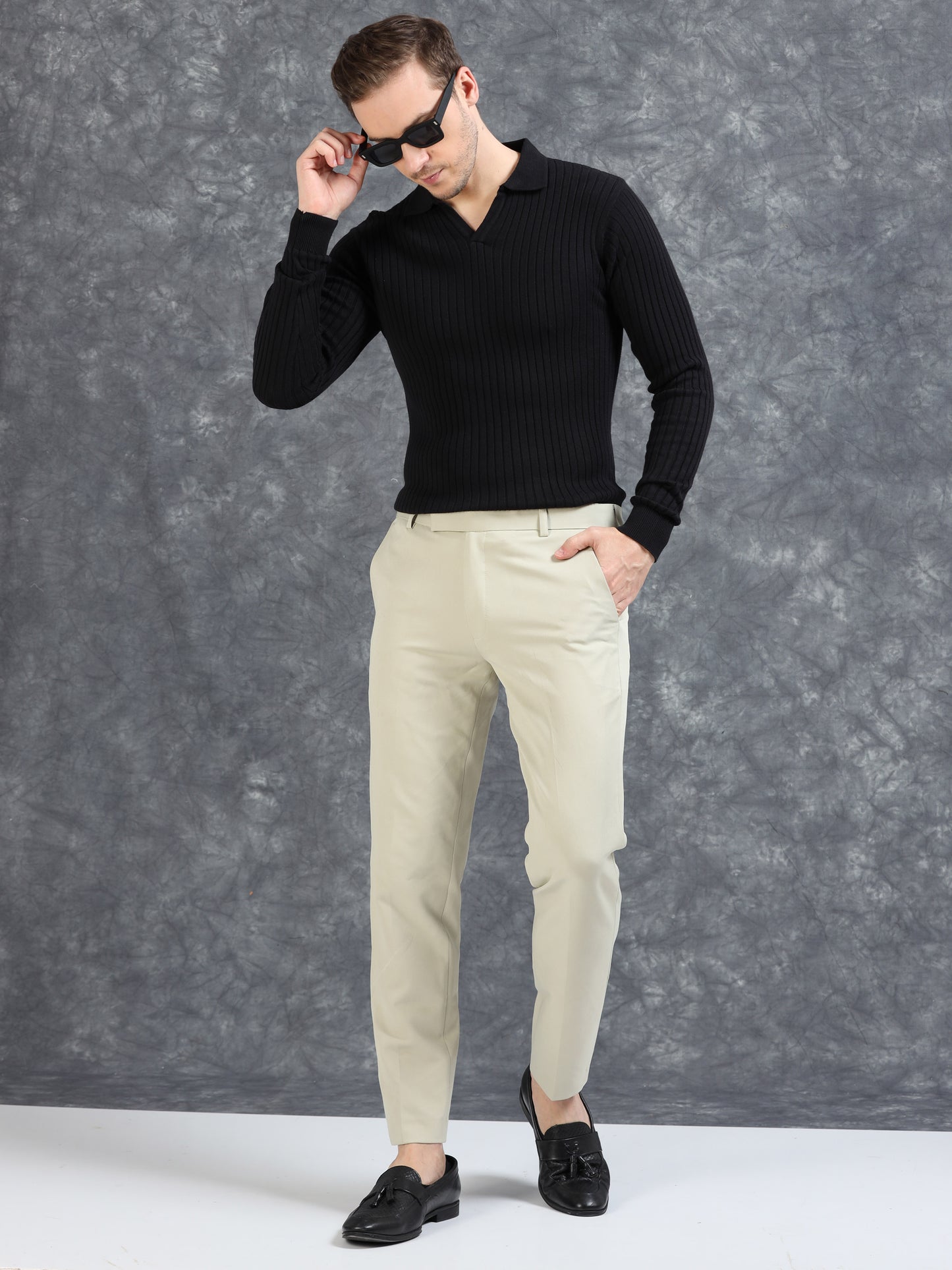 Ribbed Texture Full Sleeve Polo T-Shirt Black
