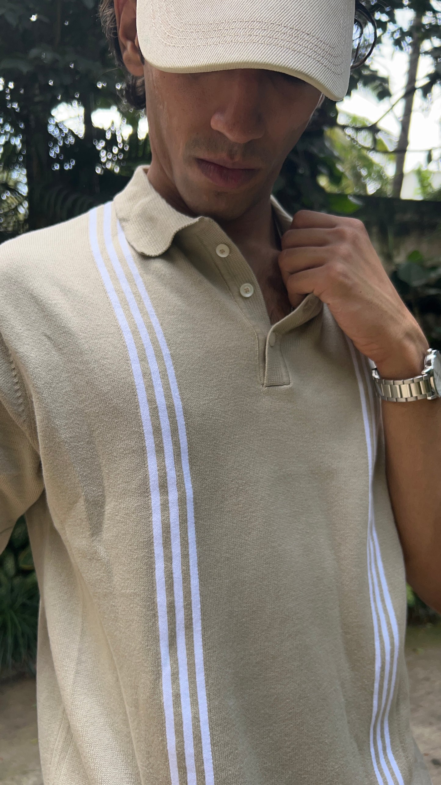 Regular Fit Striped Design Polo T-Shirt - Beige