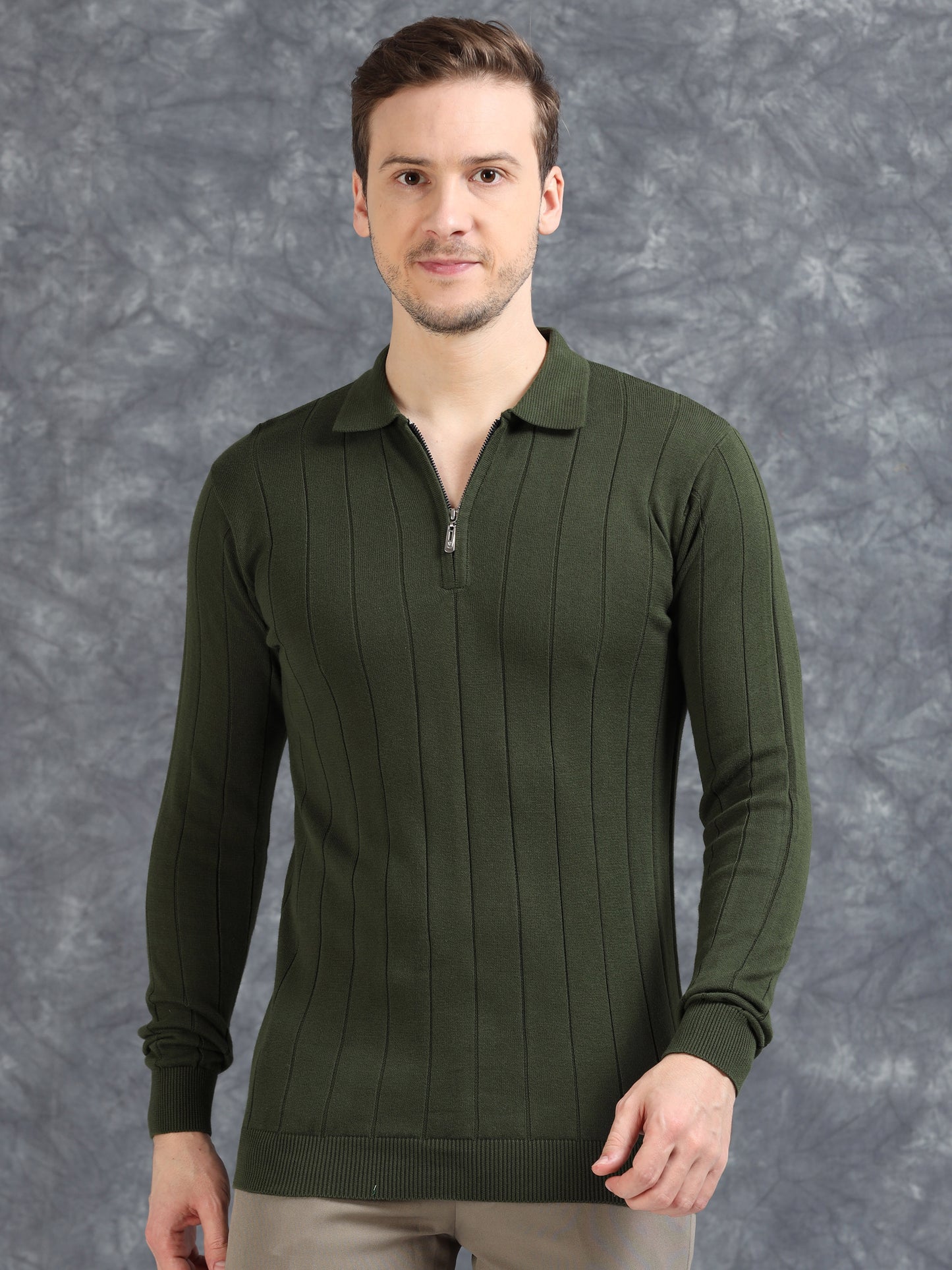 Ribbed Texture Full Sleeve T-Shirt Olive