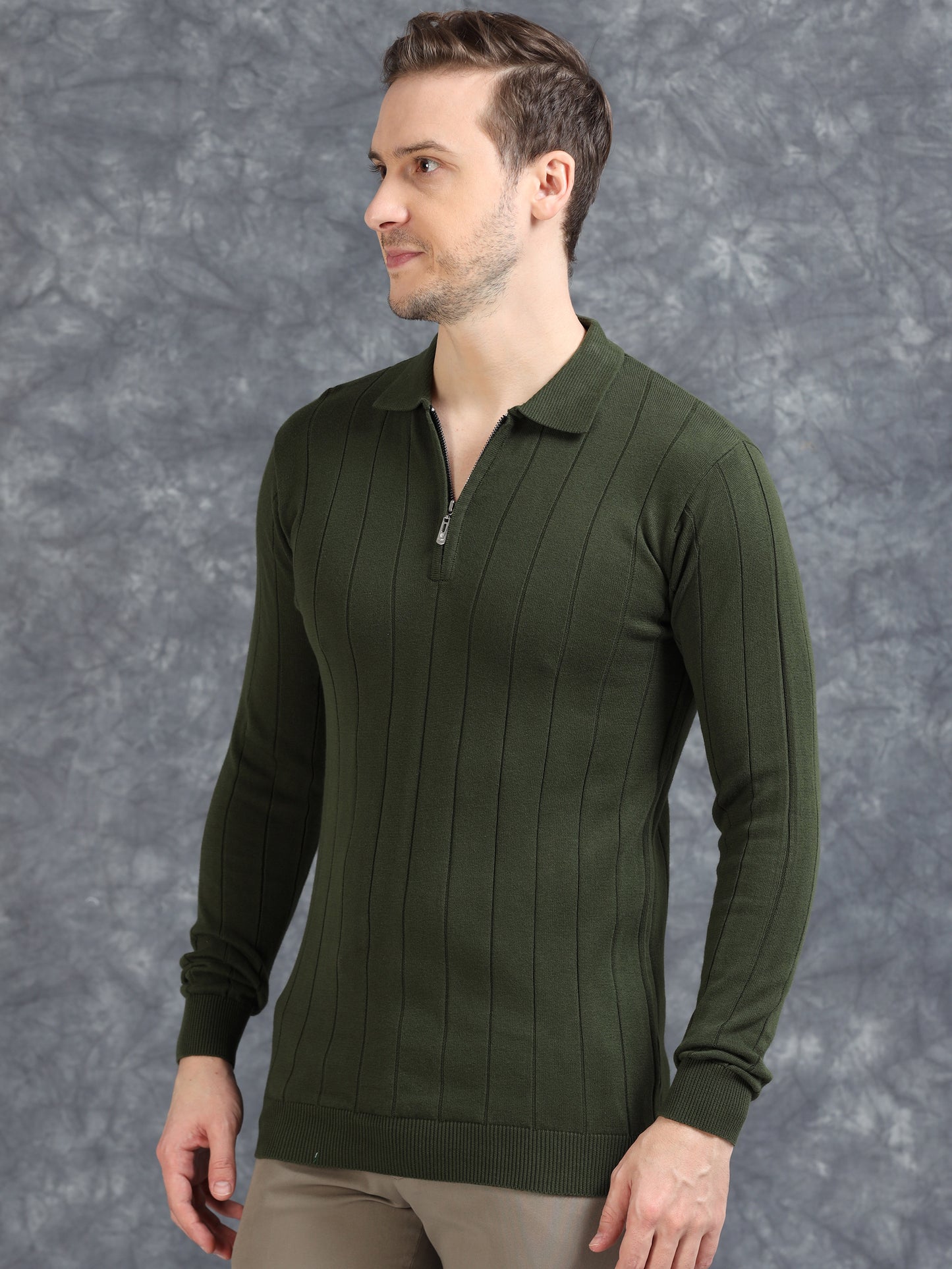 Ribbed Texture Full Sleeve T-Shirt Olive