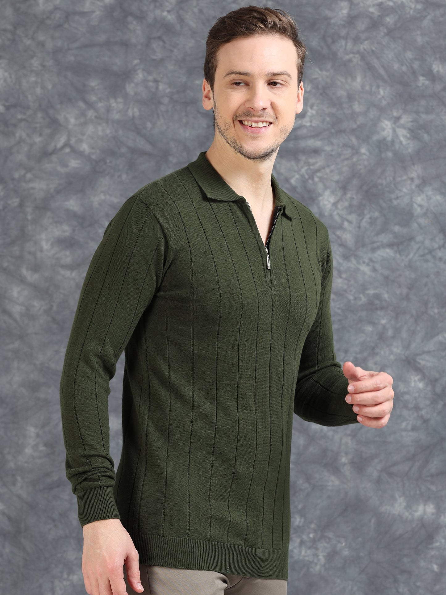 Ribbed Texture Full Sleeve T-Shirt Olive