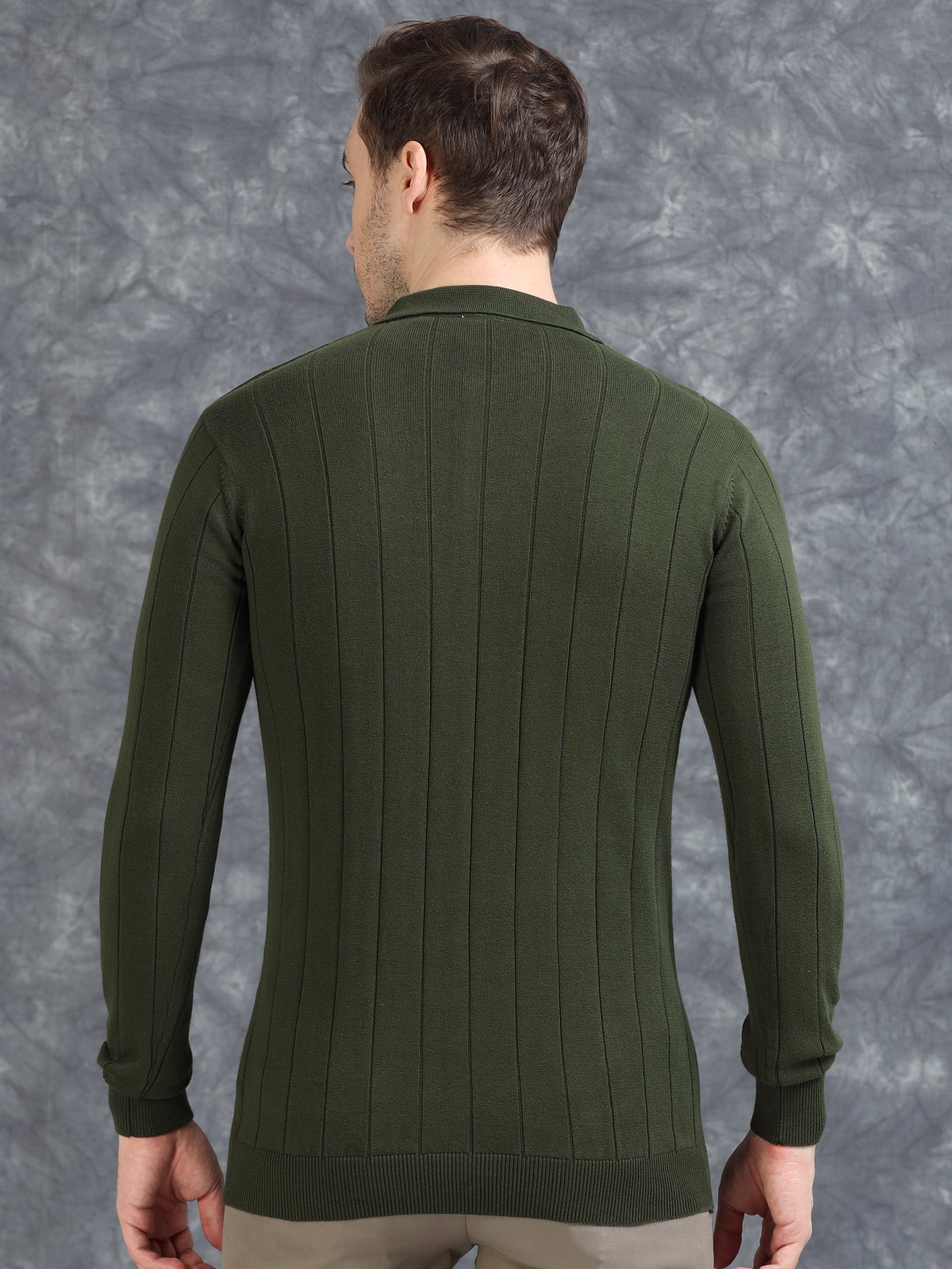 Ribbed Texture Full Sleeve T-Shirt Olive