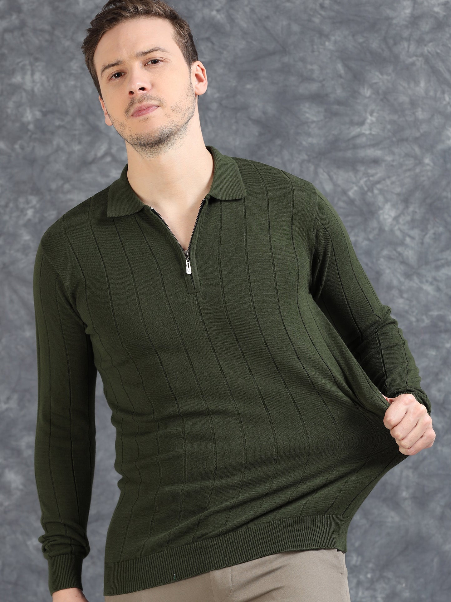 Ribbed Texture Full Sleeve T-Shirt Olive