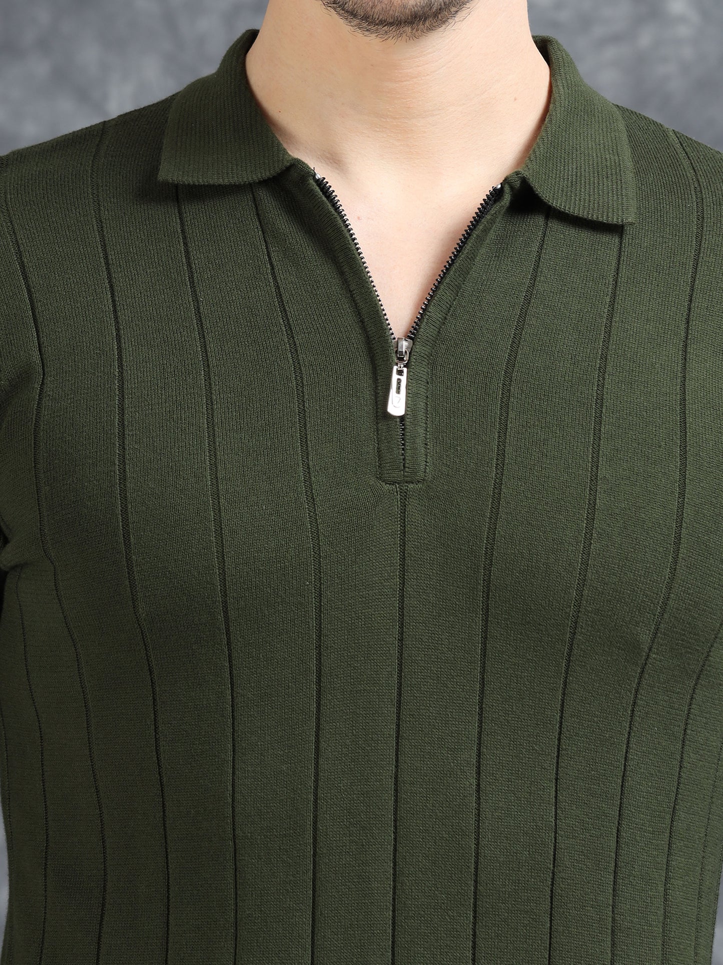 Ribbed Texture Full Sleeve T-Shirt Olive