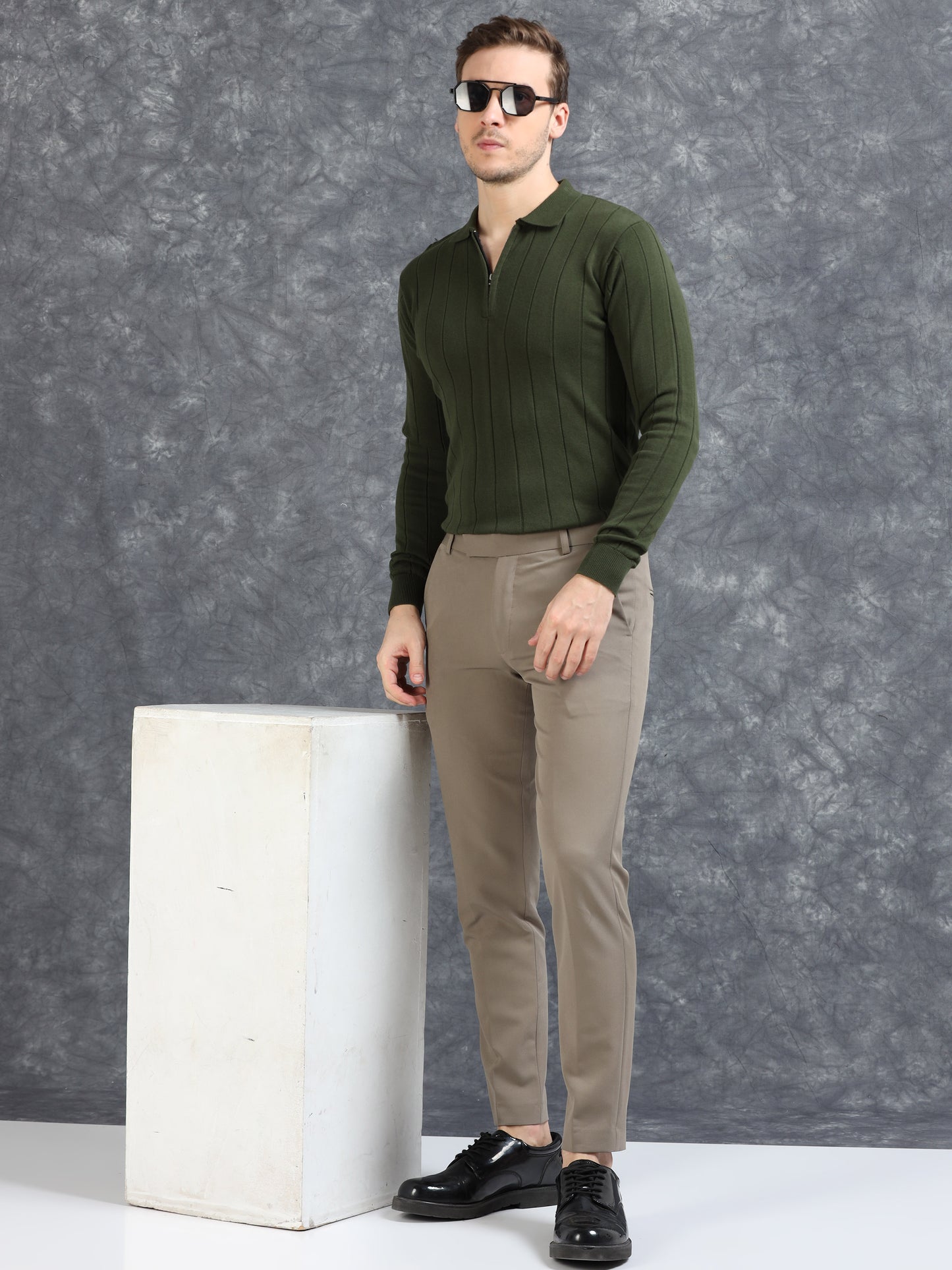 Ribbed Texture Full Sleeve T-Shirt Olive