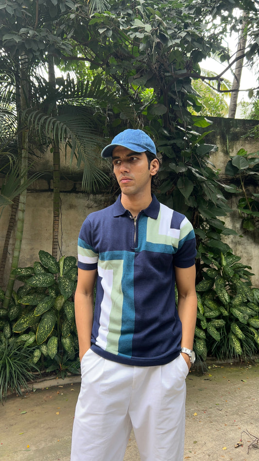 Regular Fit Geometric Panel Zipper Polo T-Shirt - Navy