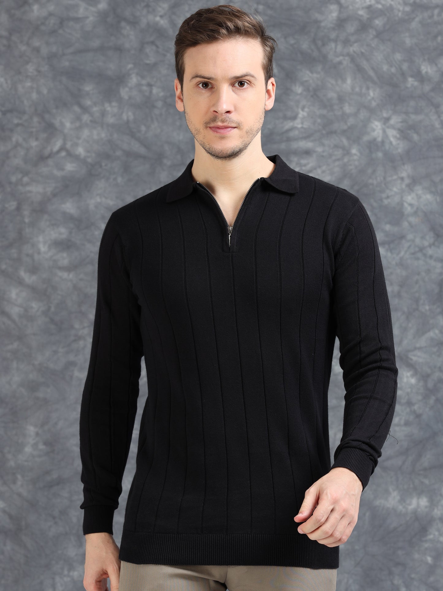 Ribbed Texture Full Sleeve Polo T-Shirt Black