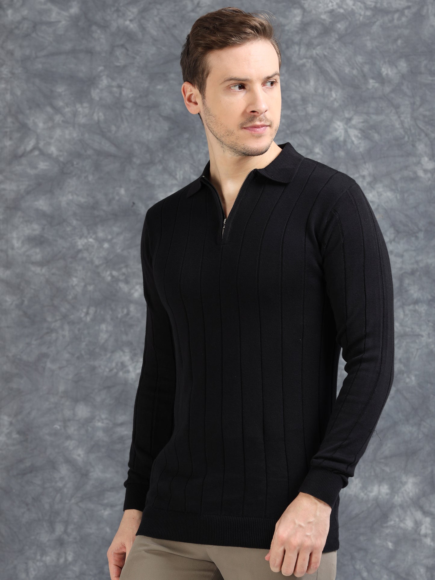 Ribbed Texture Full Sleeve Polo T-Shirt Black