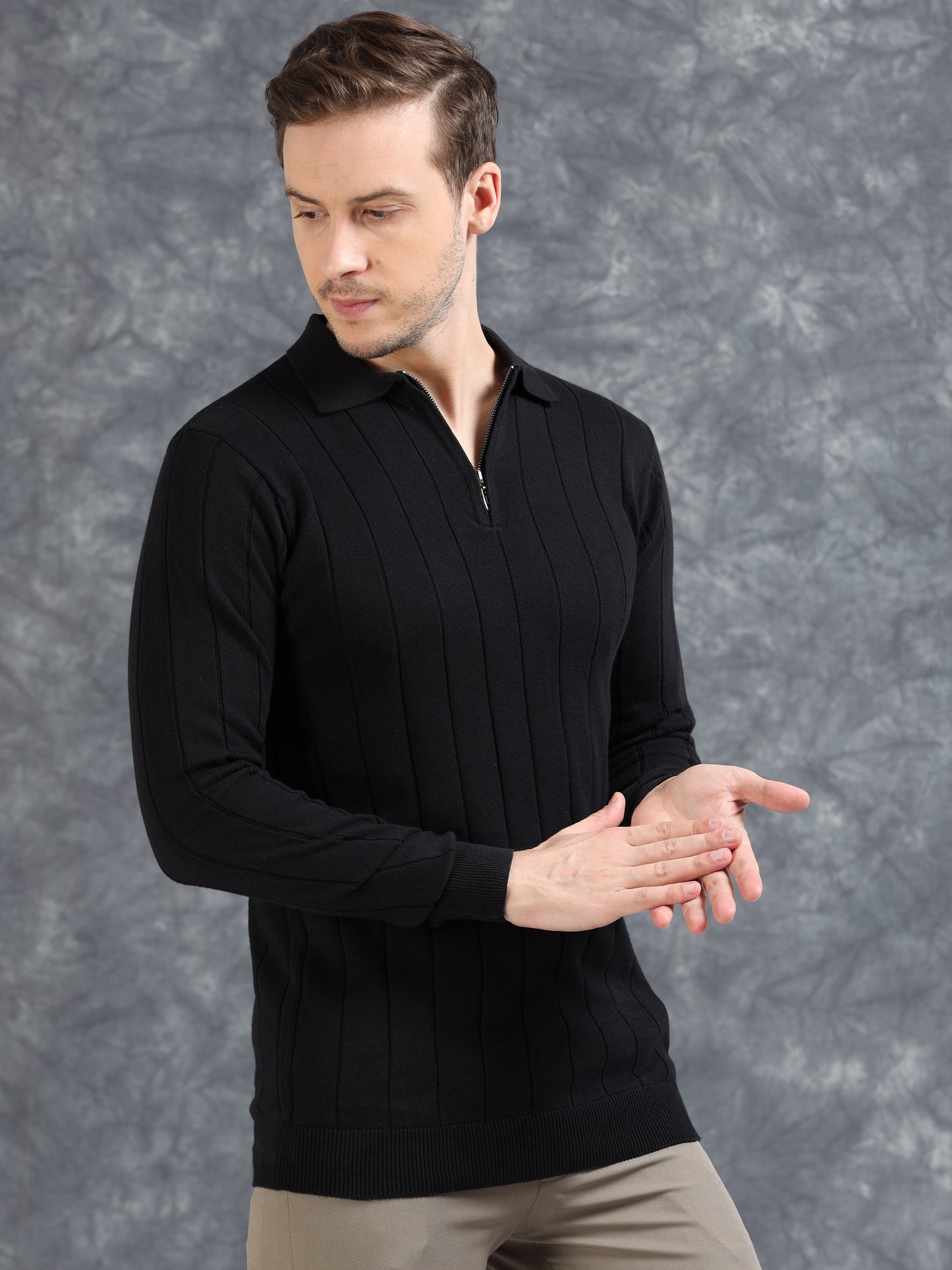 Ribbed Texture Full Sleeve Polo T-Shirt Black