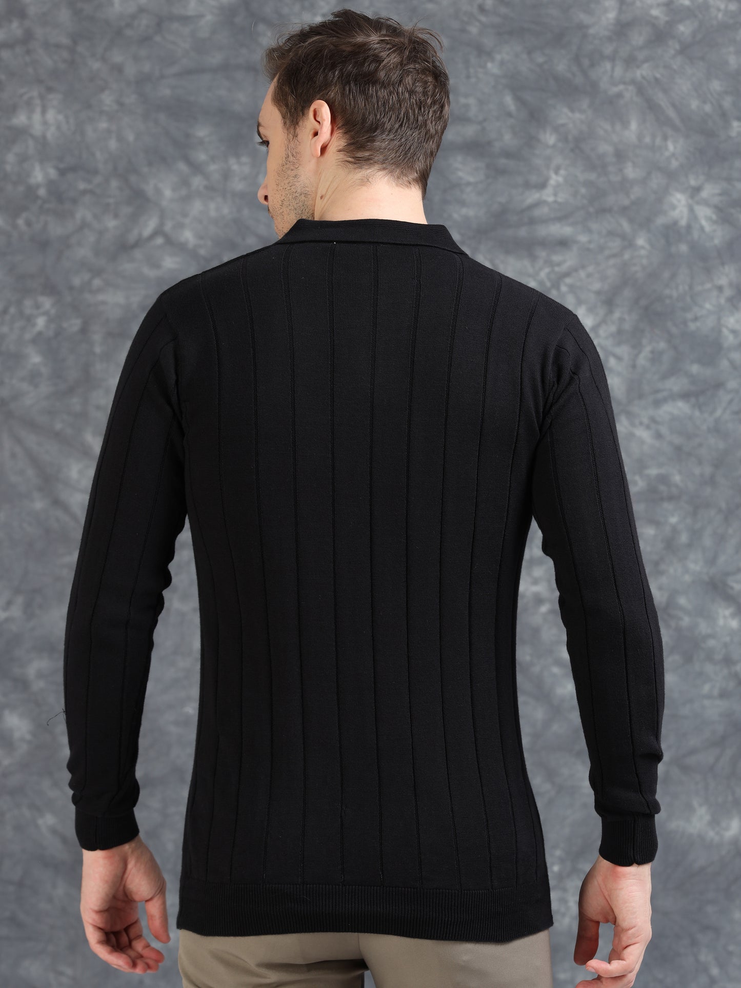 Ribbed Texture Full Sleeve Polo T-Shirt Black