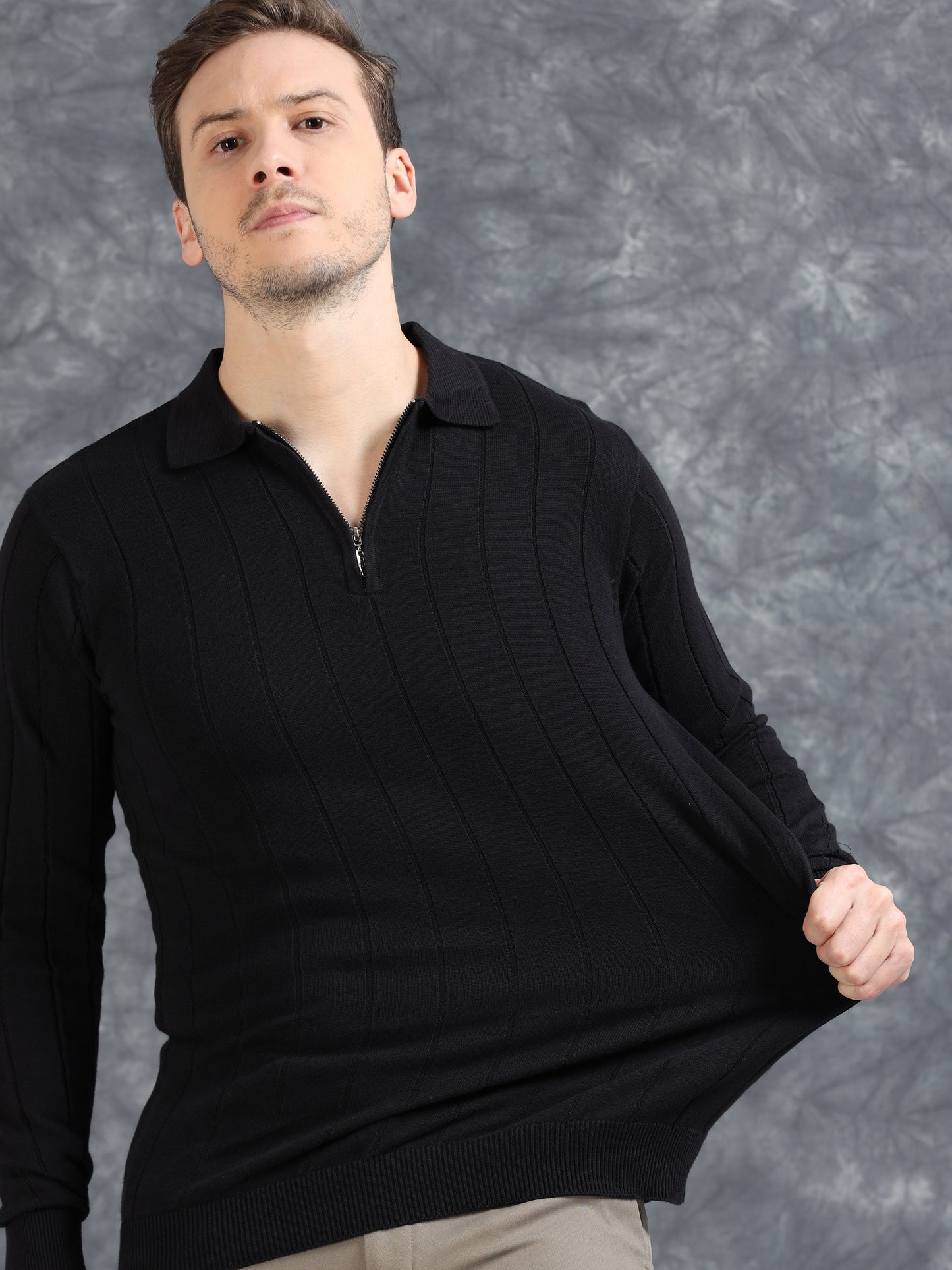 Ribbed Texture Full Sleeve Polo T-Shirt Black