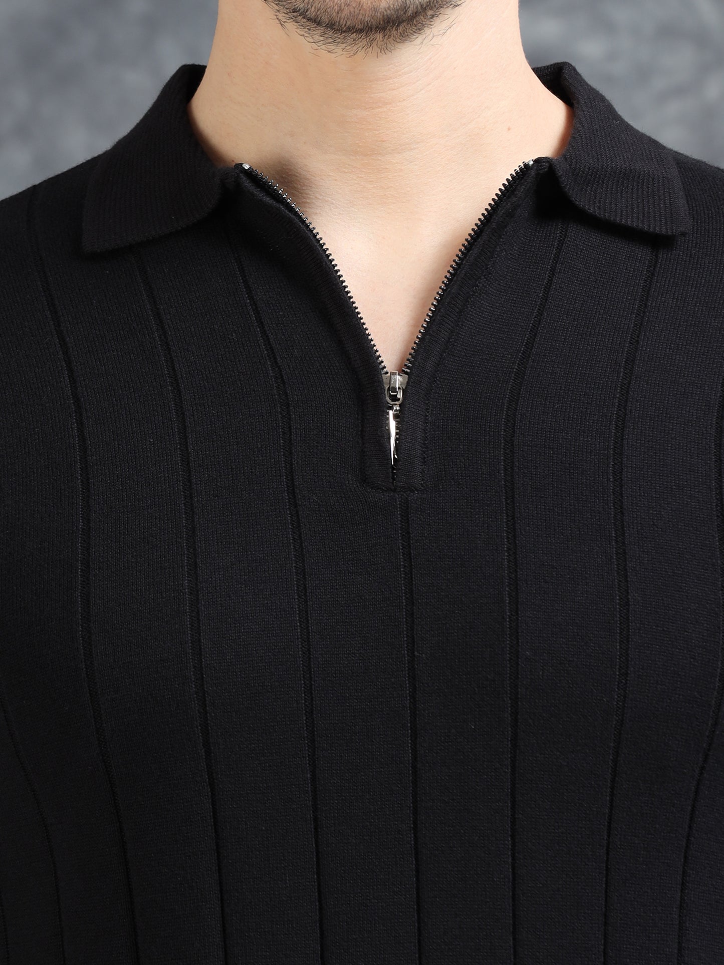 Ribbed Texture Full Sleeve Polo T-Shirt Black