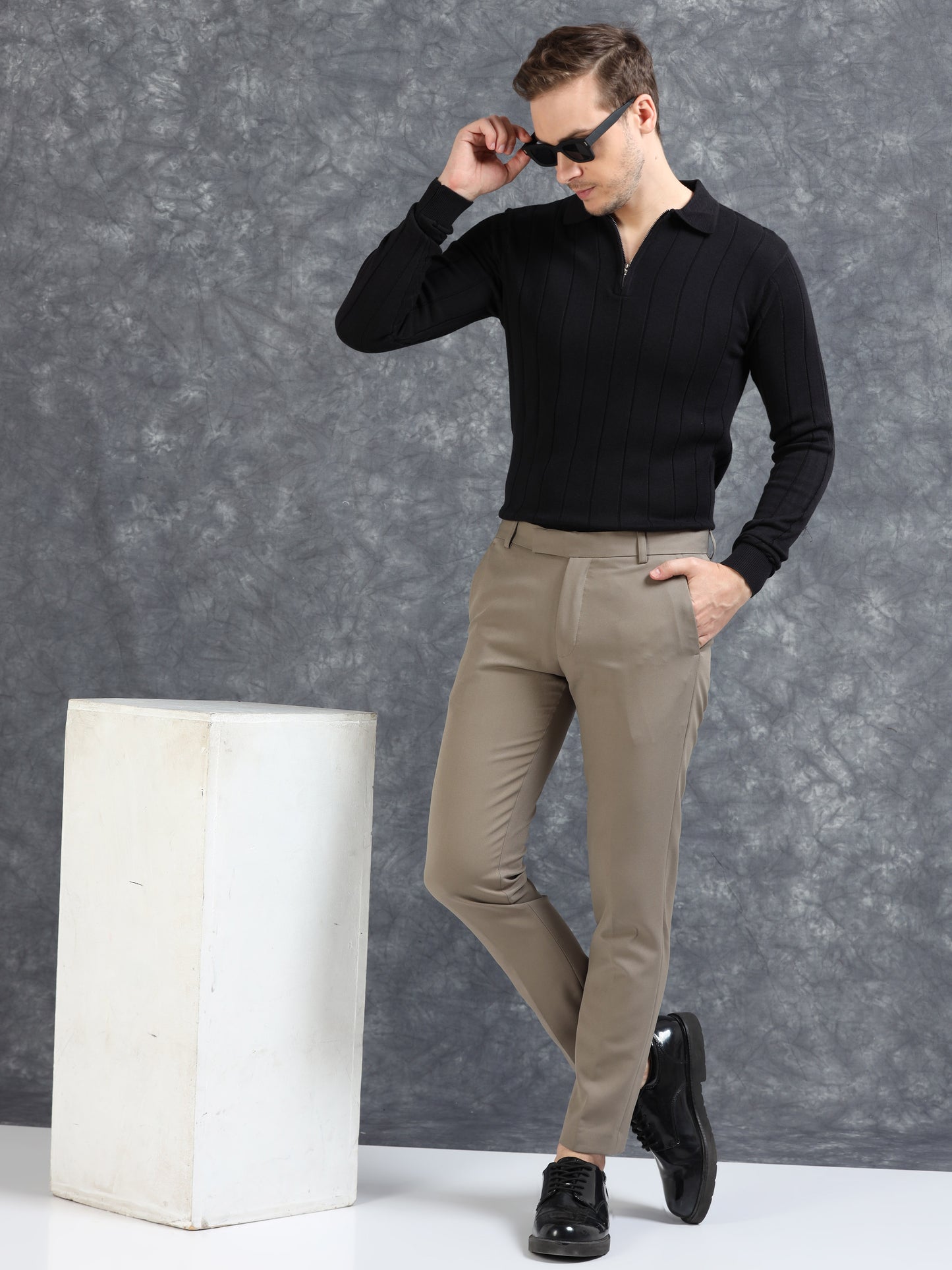 Ribbed Texture Full Sleeve Polo T-Shirt Black