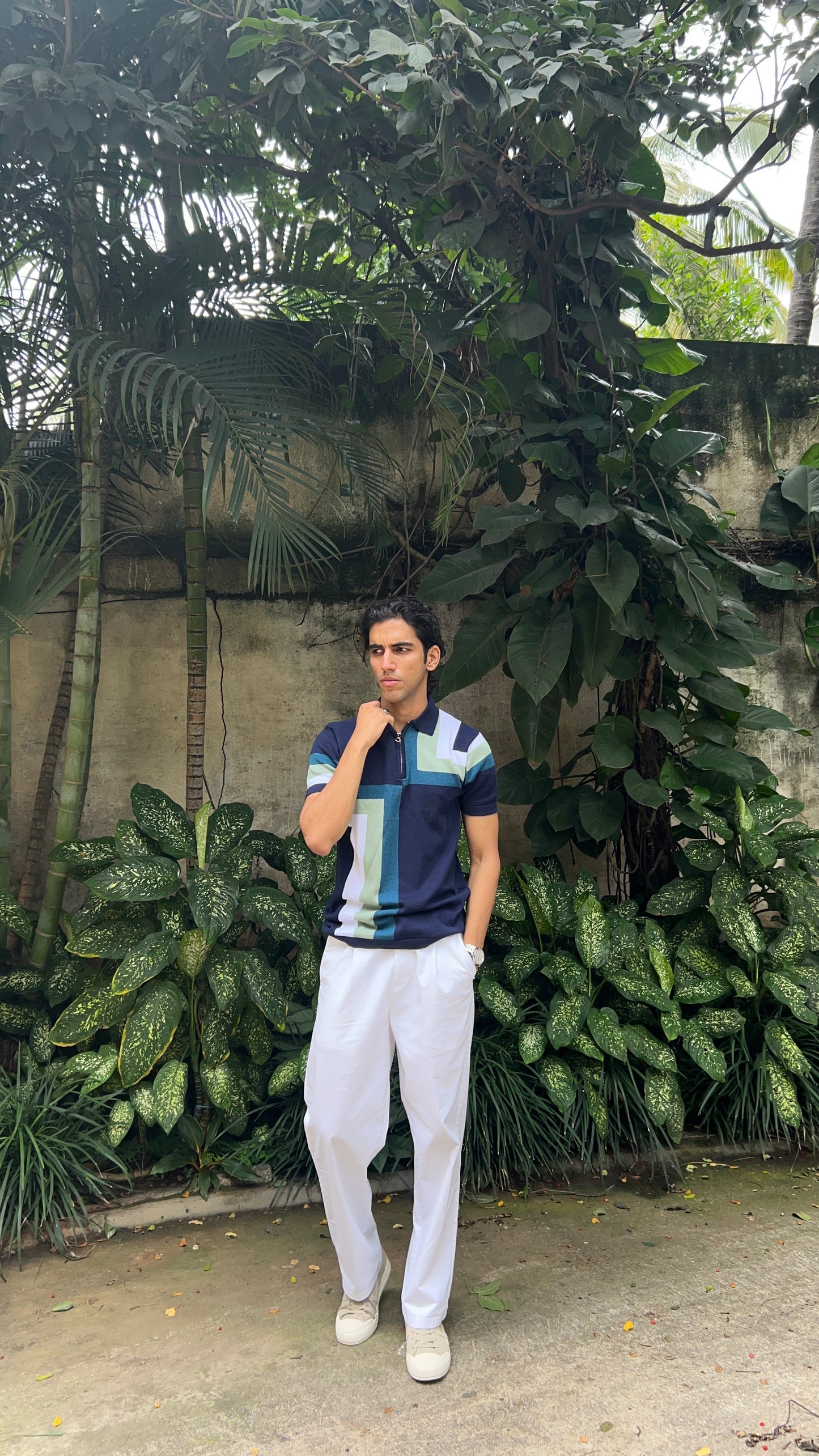 Regular Fit Geometric Panel Zipper Polo T-Shirt - Navy