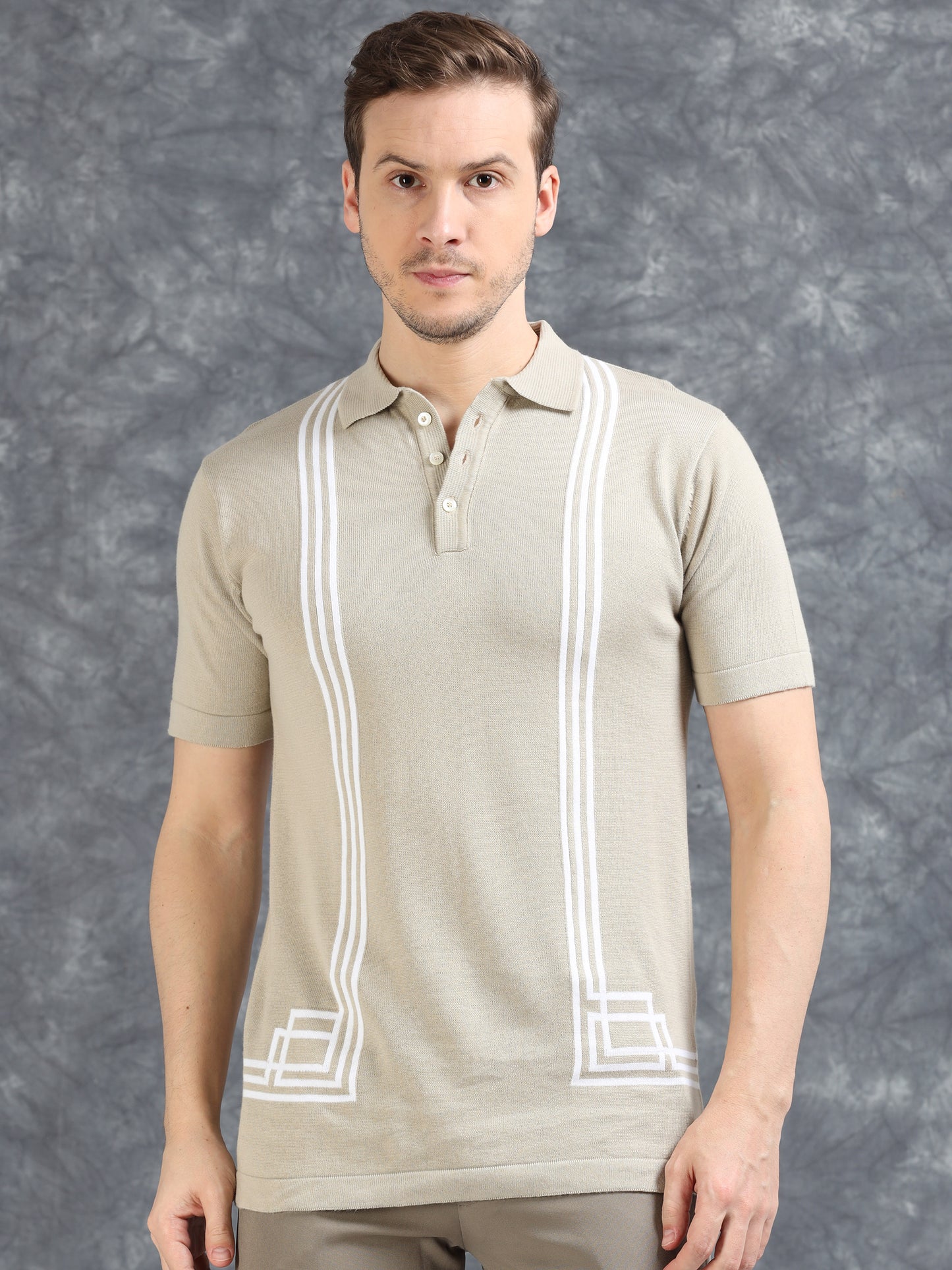 Boxy Line Design Polo T-Shirt - Dusty Grey