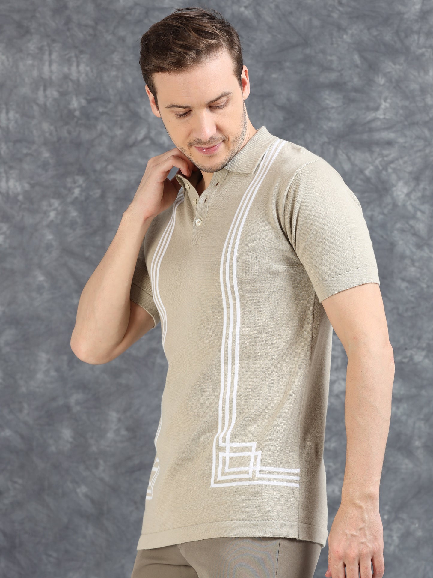 Boxy Line Design Polo T-Shirt - Dusty Grey