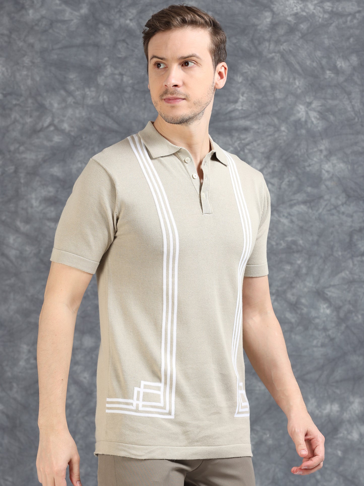 Boxy Line Design Polo T-Shirt - Dusty Grey
