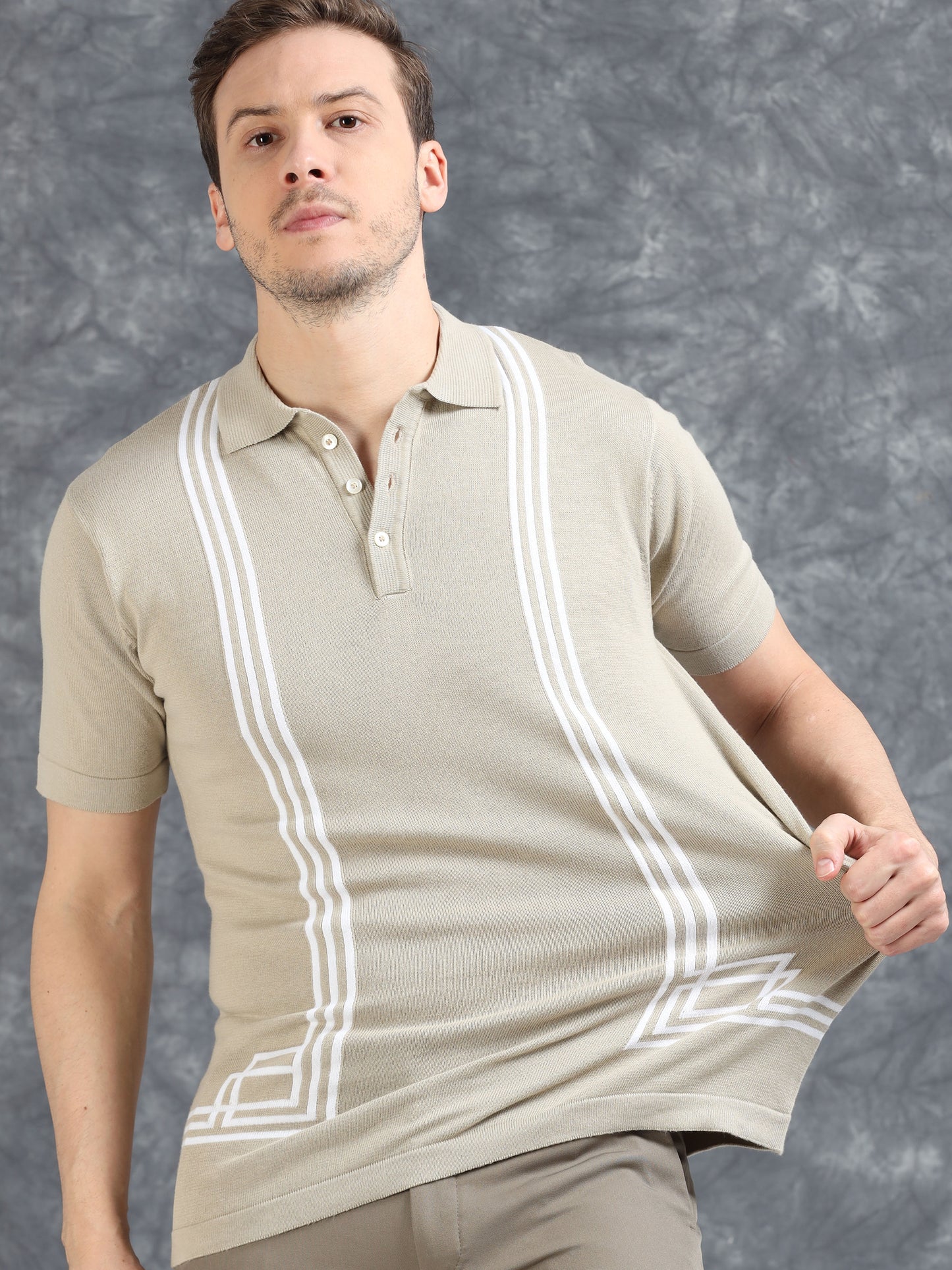 Boxy Line Design Polo T-Shirt - Dusty Grey
