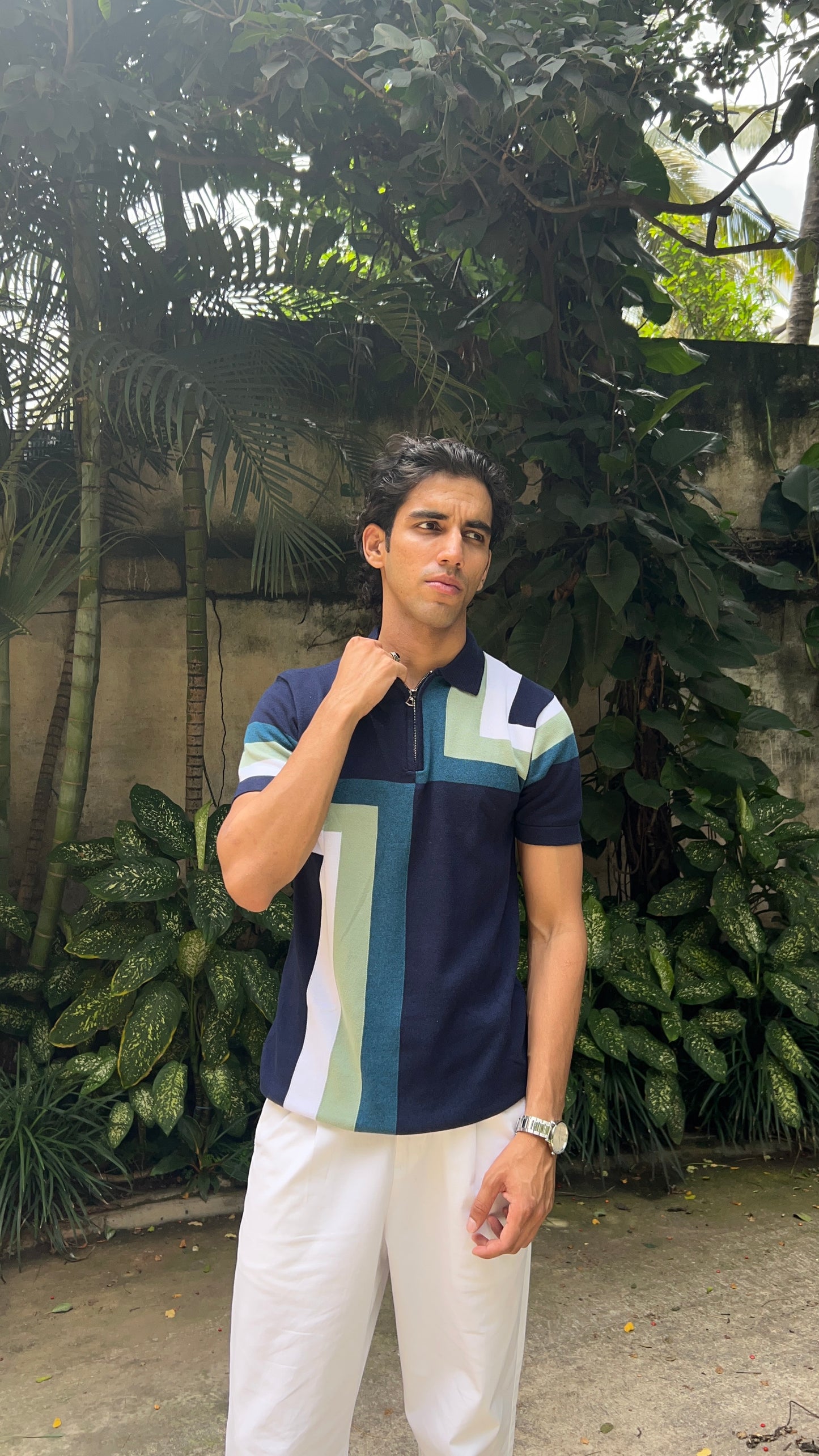 Regular Fit Geometric Panel Zipper Polo T-Shirt - Navy