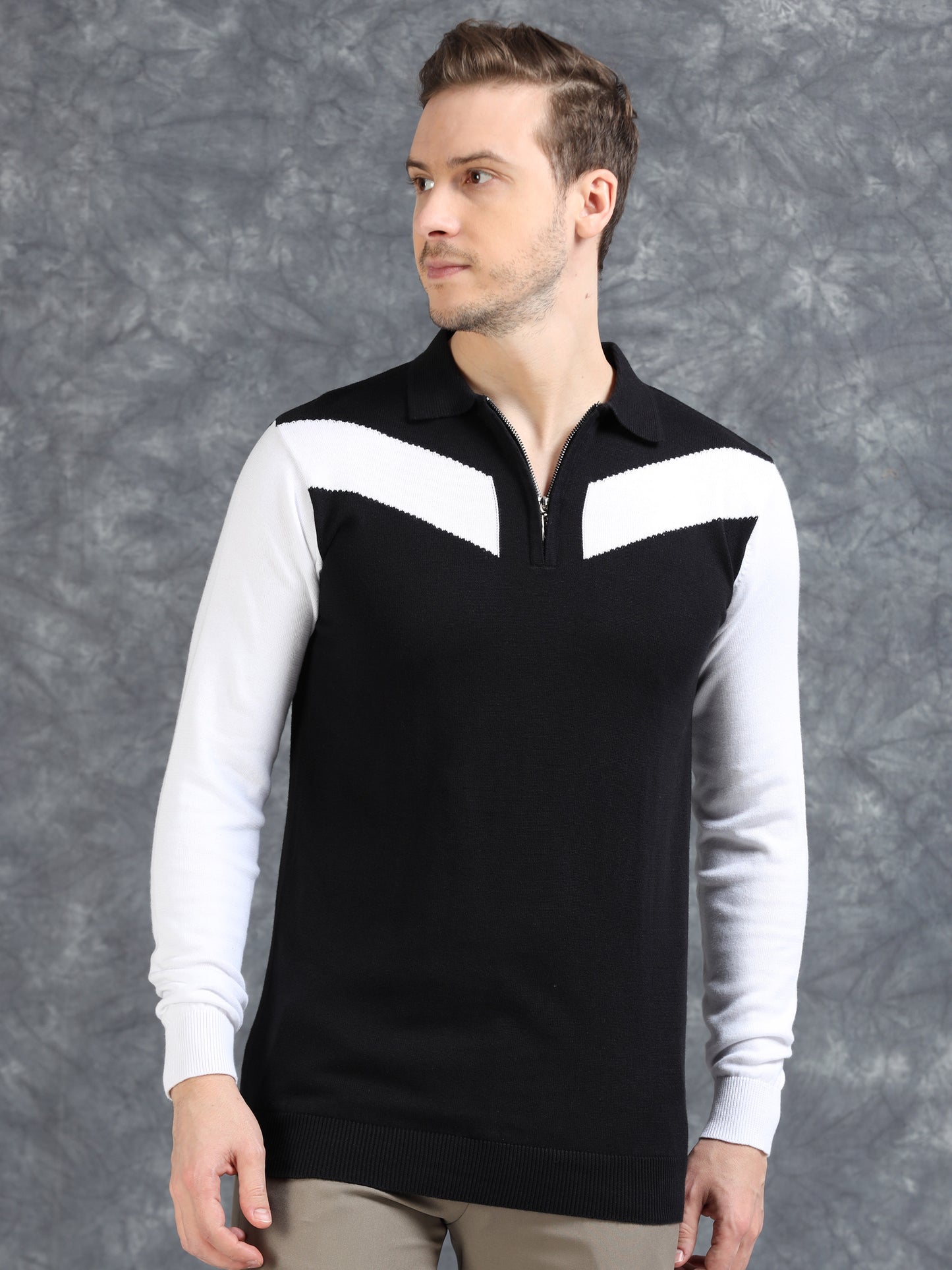 Pannel Design Full Sleeve Zipper Polo - Jet Black