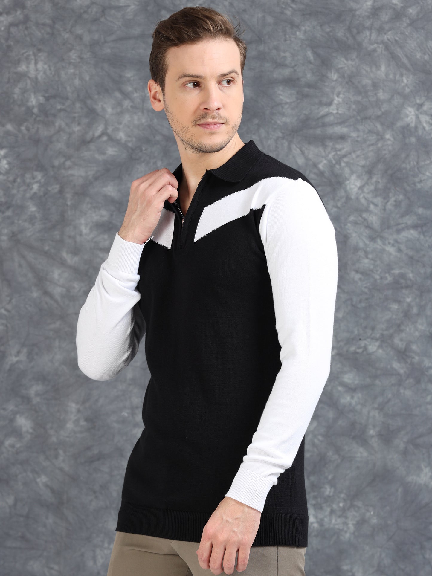 Pannel Design Full Sleeve Zipper Polo - Jet Black