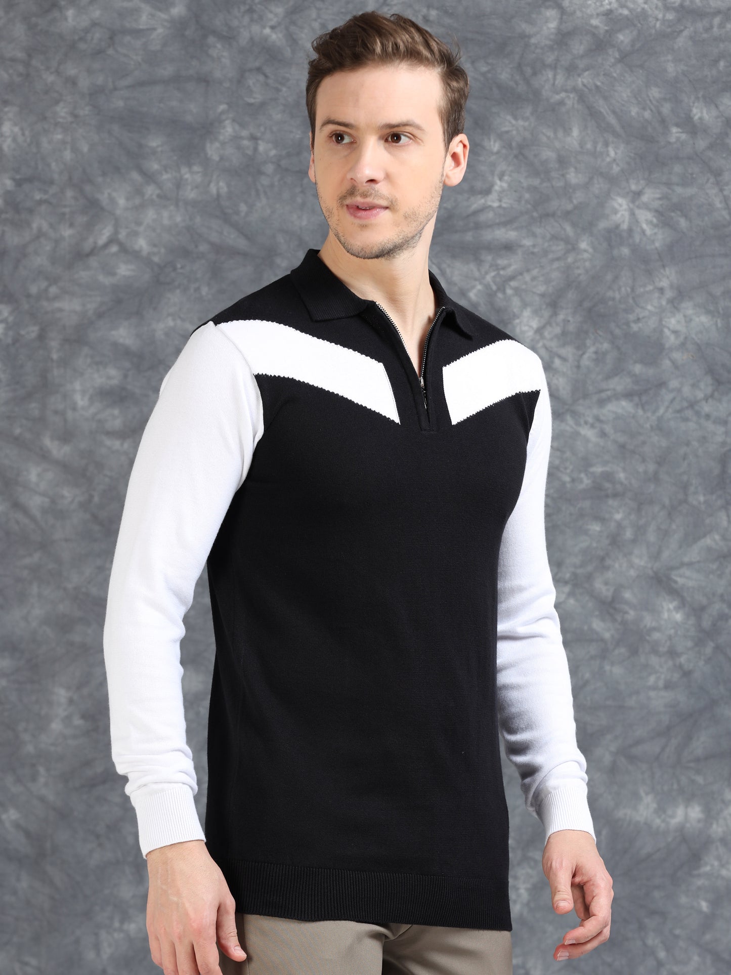 Pannel Design Full Sleeve Zipper Polo - Jet Black