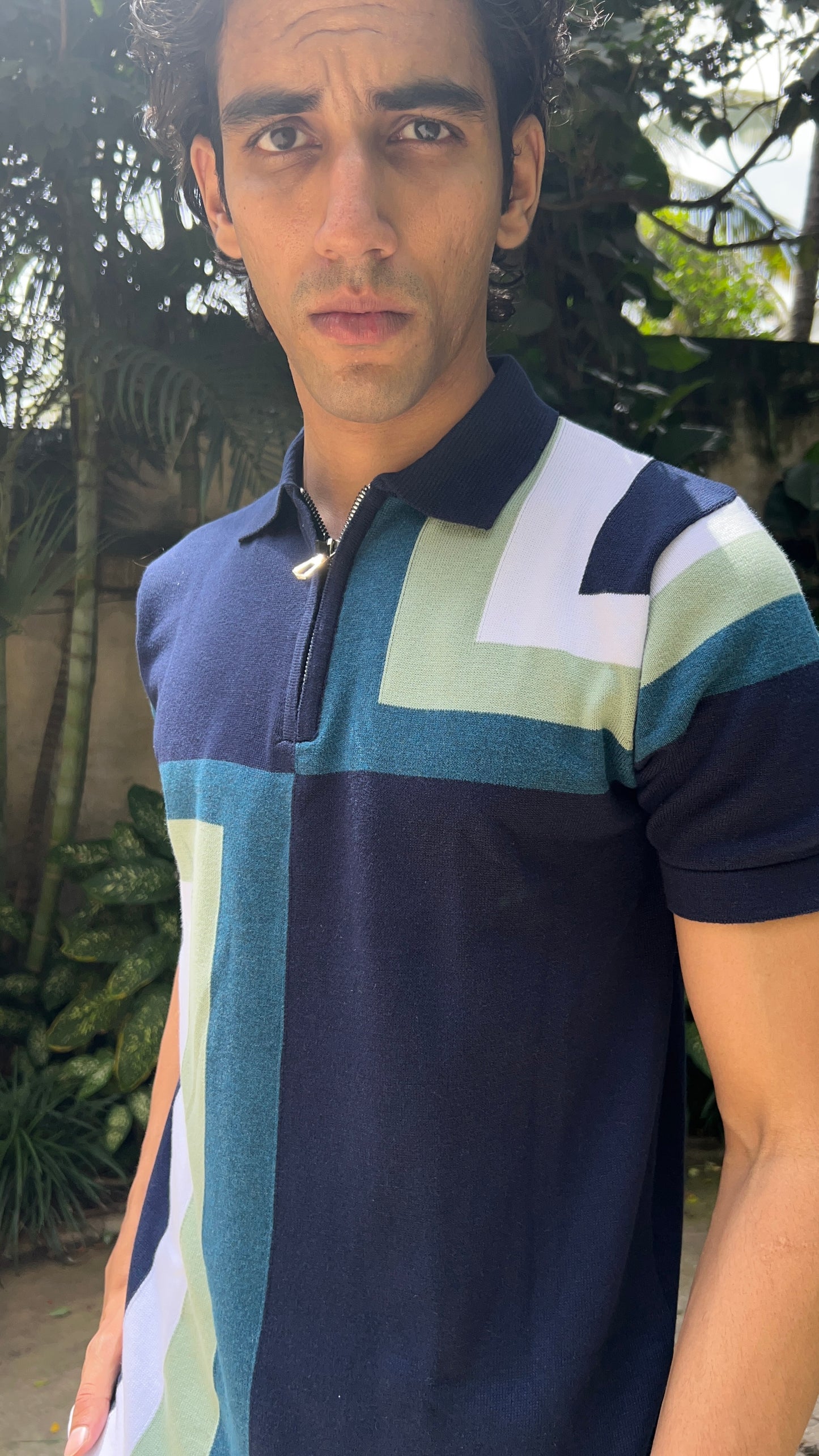 Regular Fit Geometric Panel Zipper Polo T-Shirt - Navy