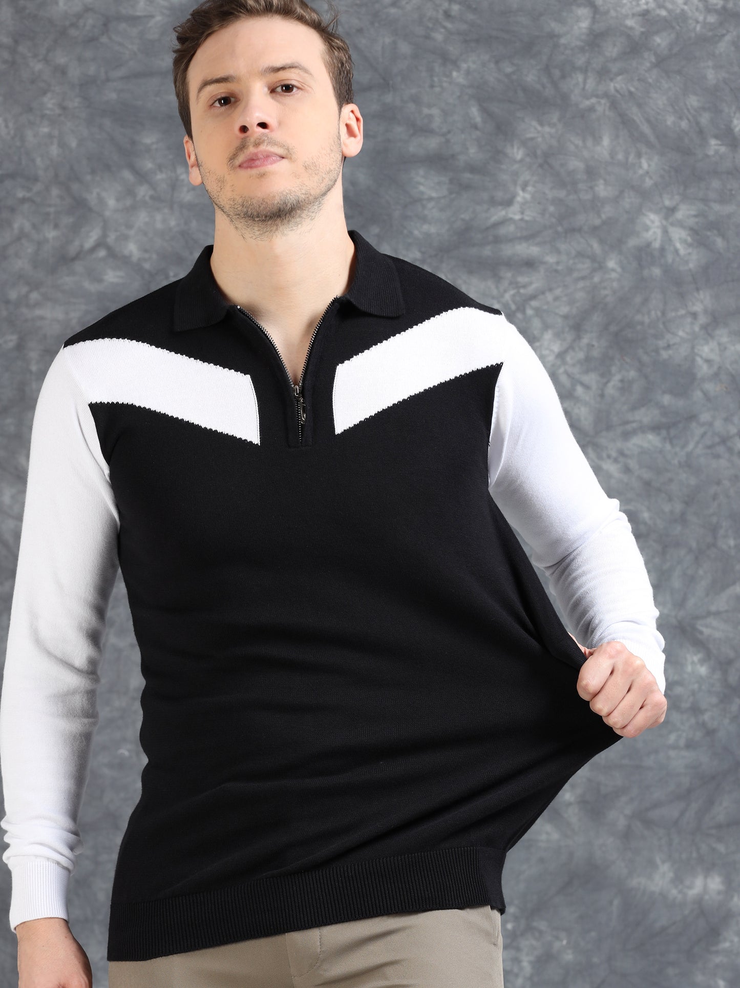 Pannel Design Full Sleeve Zipper Polo - Jet Black