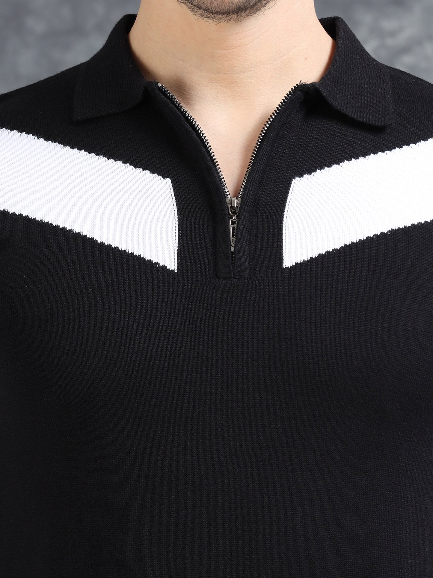 Pannel Design Full Sleeve Zipper Polo - Jet Black