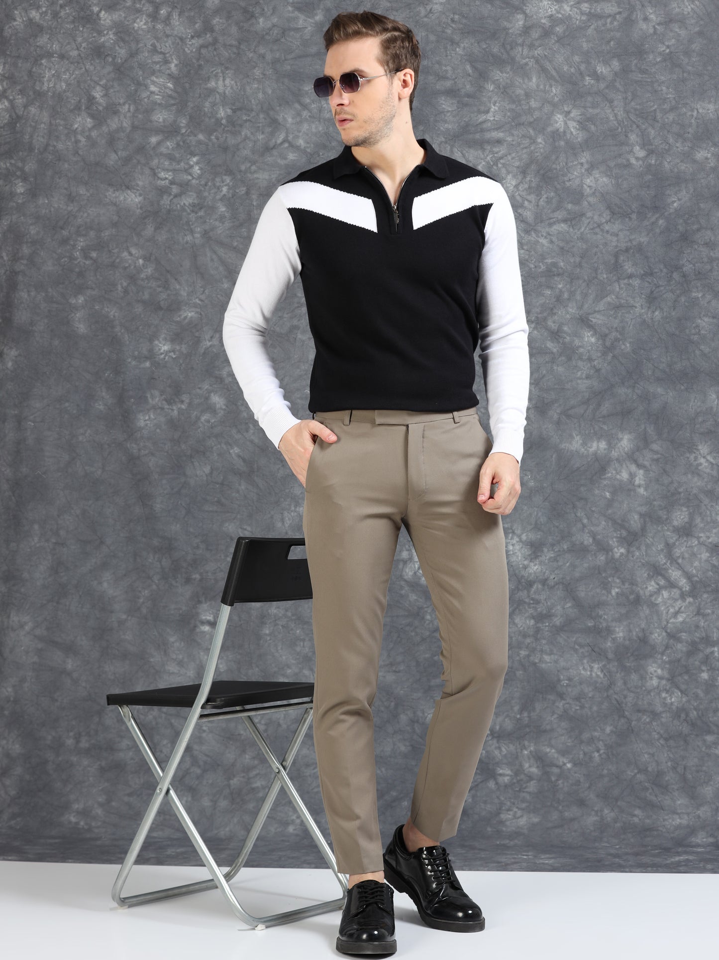 Pannel Design Full Sleeve Zipper Polo - Jet Black