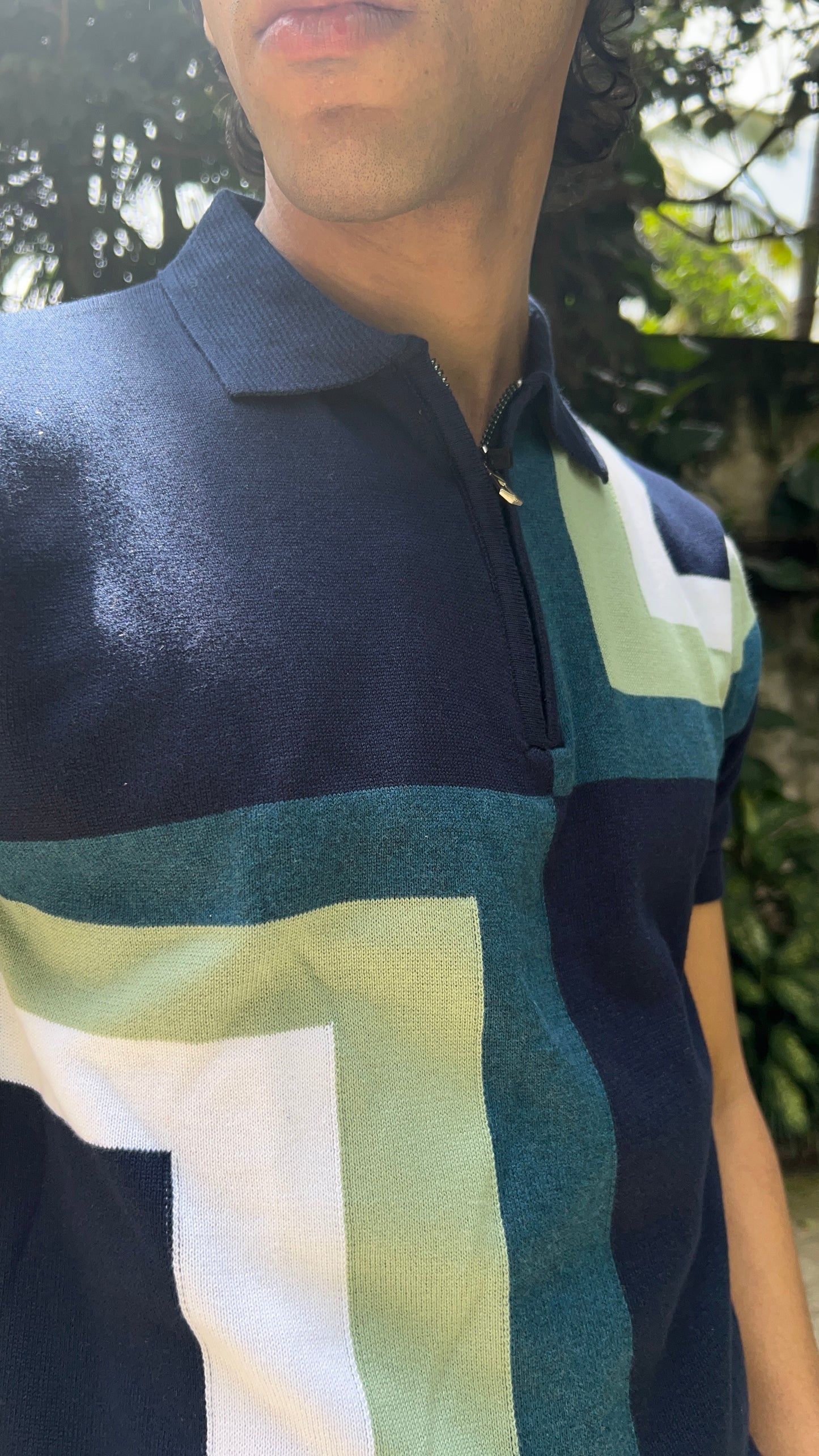 Regular Fit Geometric Panel Zipper Polo T-Shirt - Navy