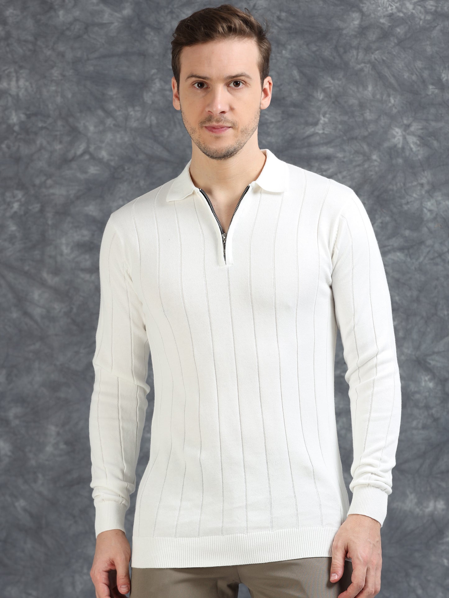 Ribbed Texture Full Sleeve T-Shirt White