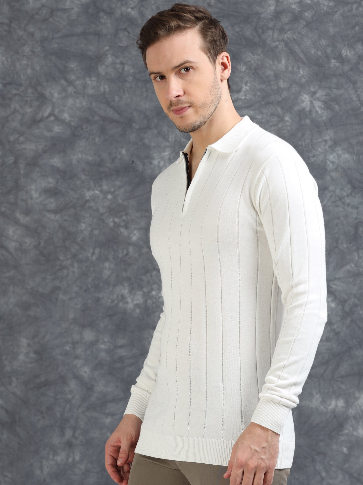 Ribbed Texture Full Sleeve T-Shirt White