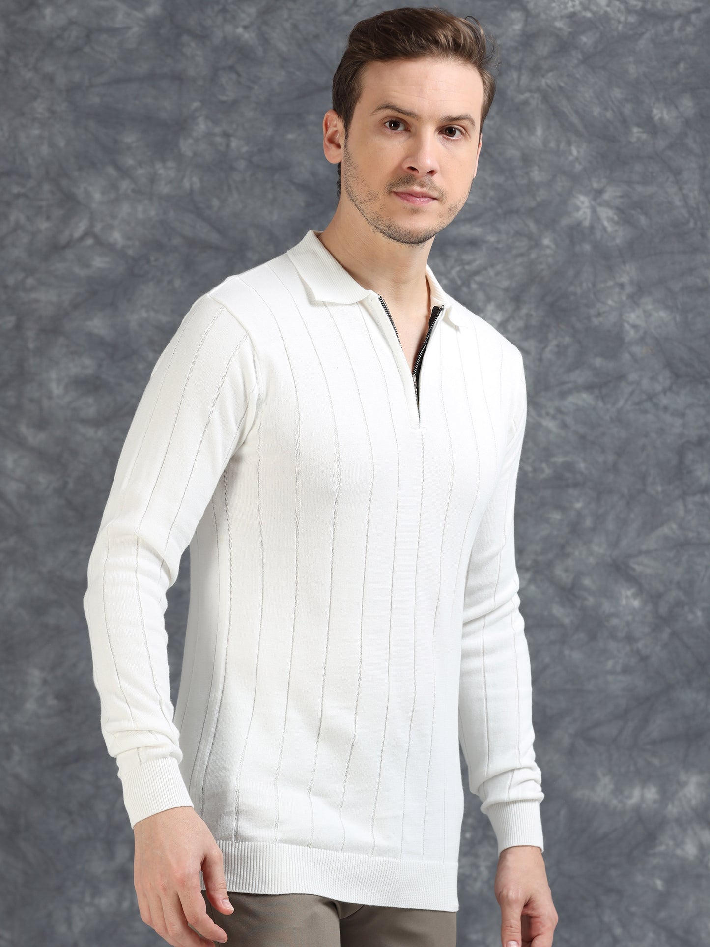 Ribbed Texture Full Sleeve T-Shirt White