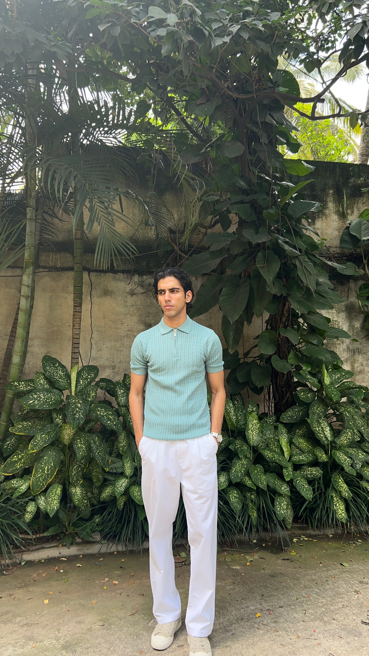 Ribbed Design Zipper Polo T-Shirt – Mint Green