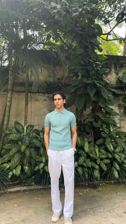 Ribbed Design Zipper Polo T-Shirt – Mint Green