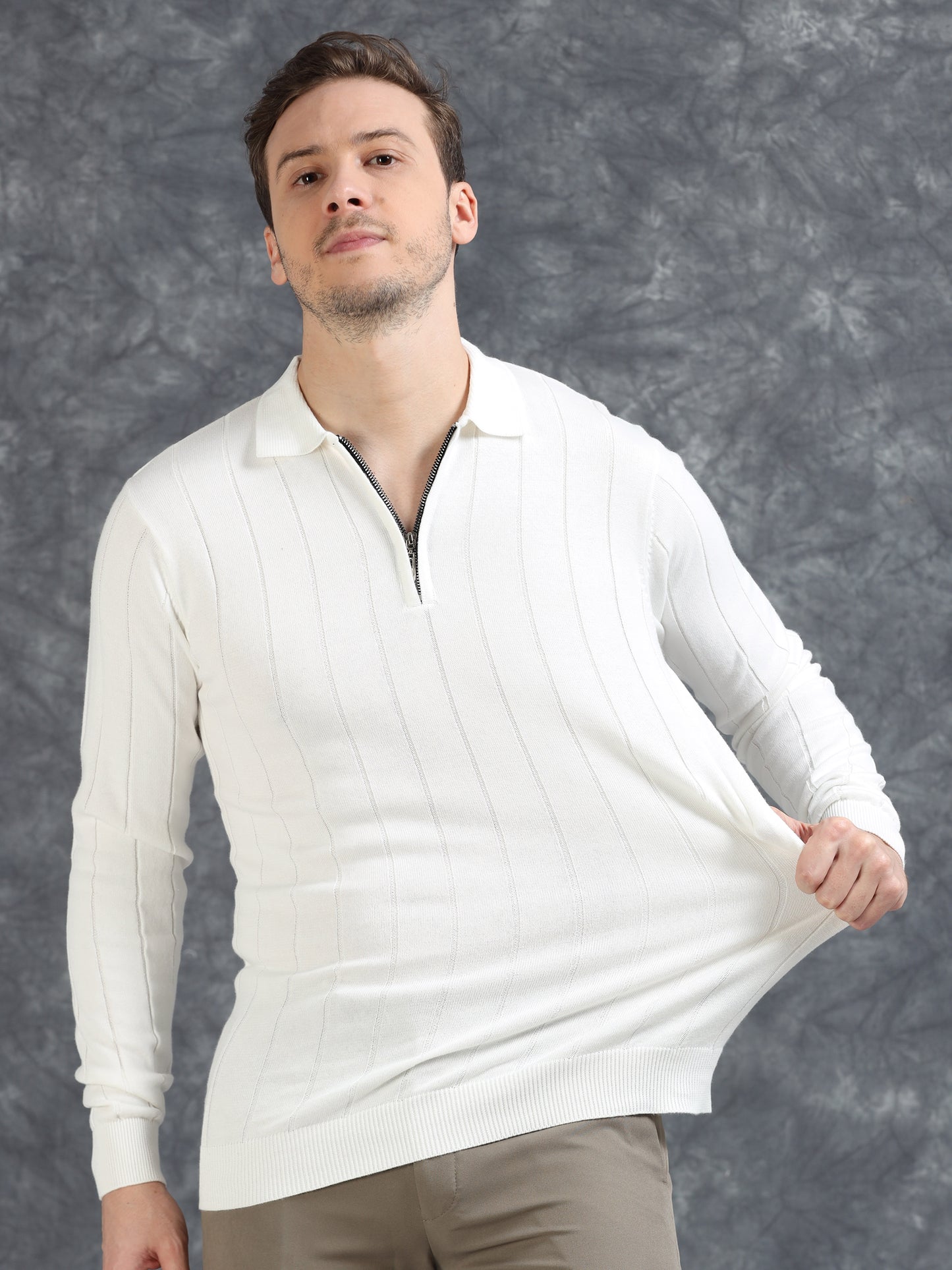 Ribbed Texture Full Sleeve T-Shirt White