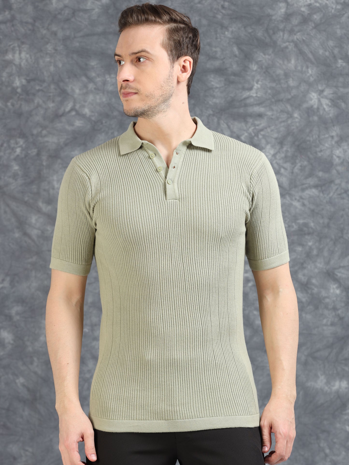 Ribbed Design Zipper Polo T-Shirt- Pistachio