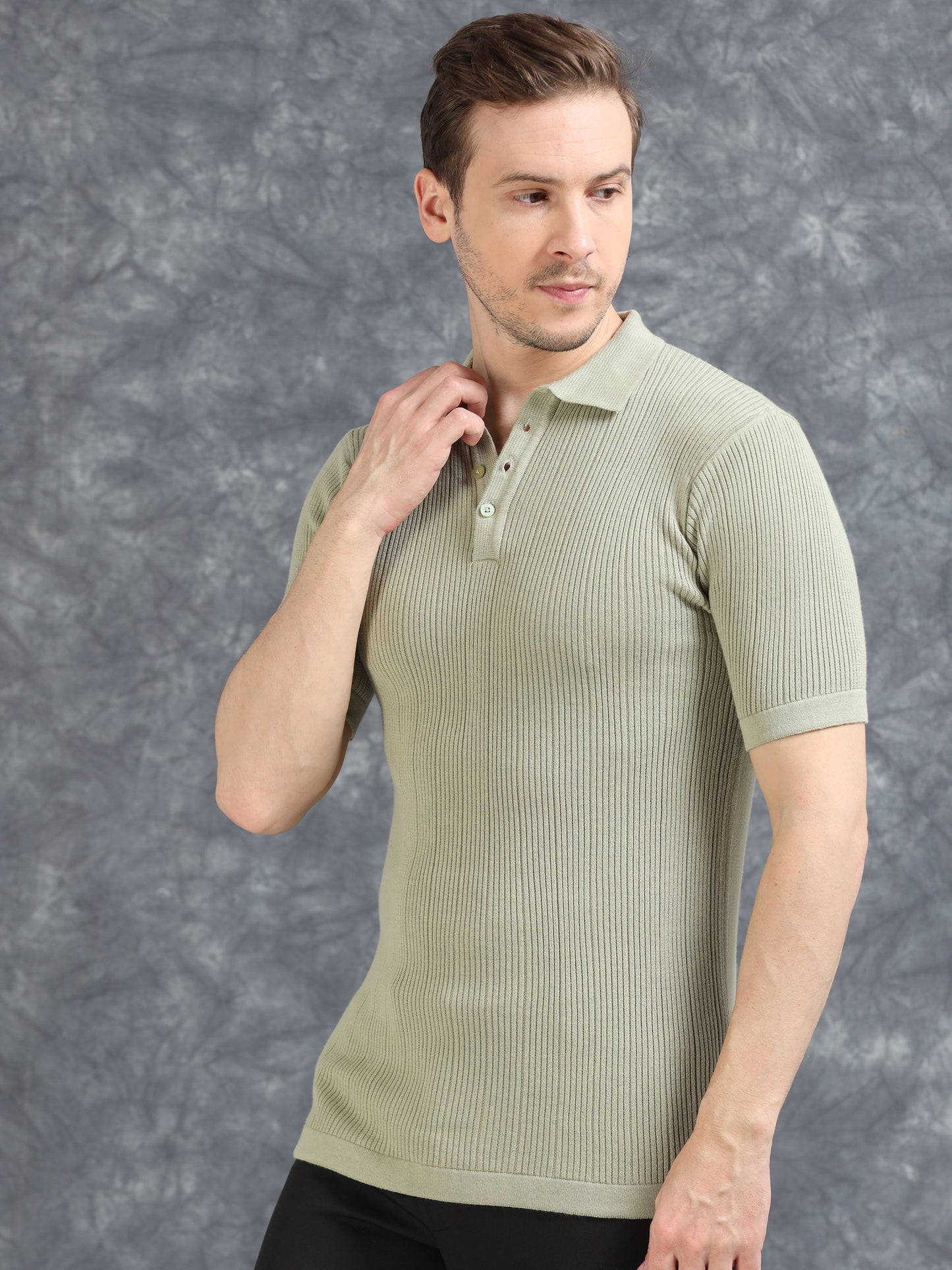 Ribbed Design Zipper Polo T-Shirt- Pistachio
