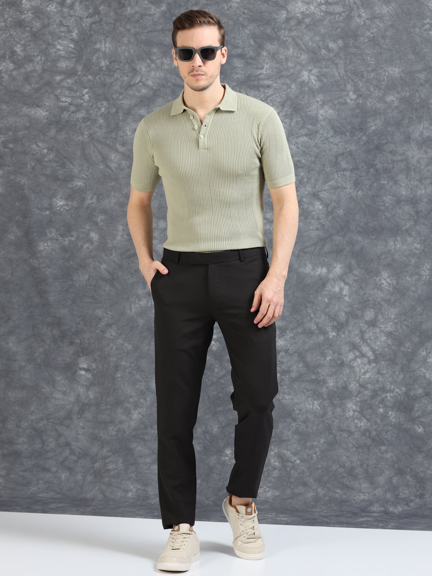 Ribbed Design Zipper Polo T-Shirt- Pistachio