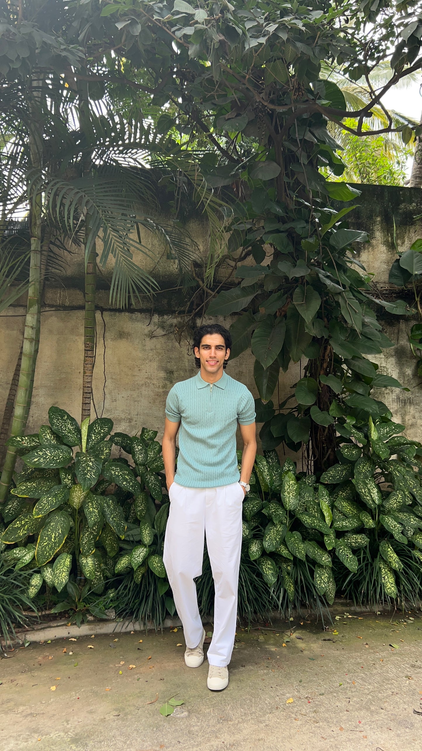 Ribbed Design Zipper Polo T-Shirt – Mint Green