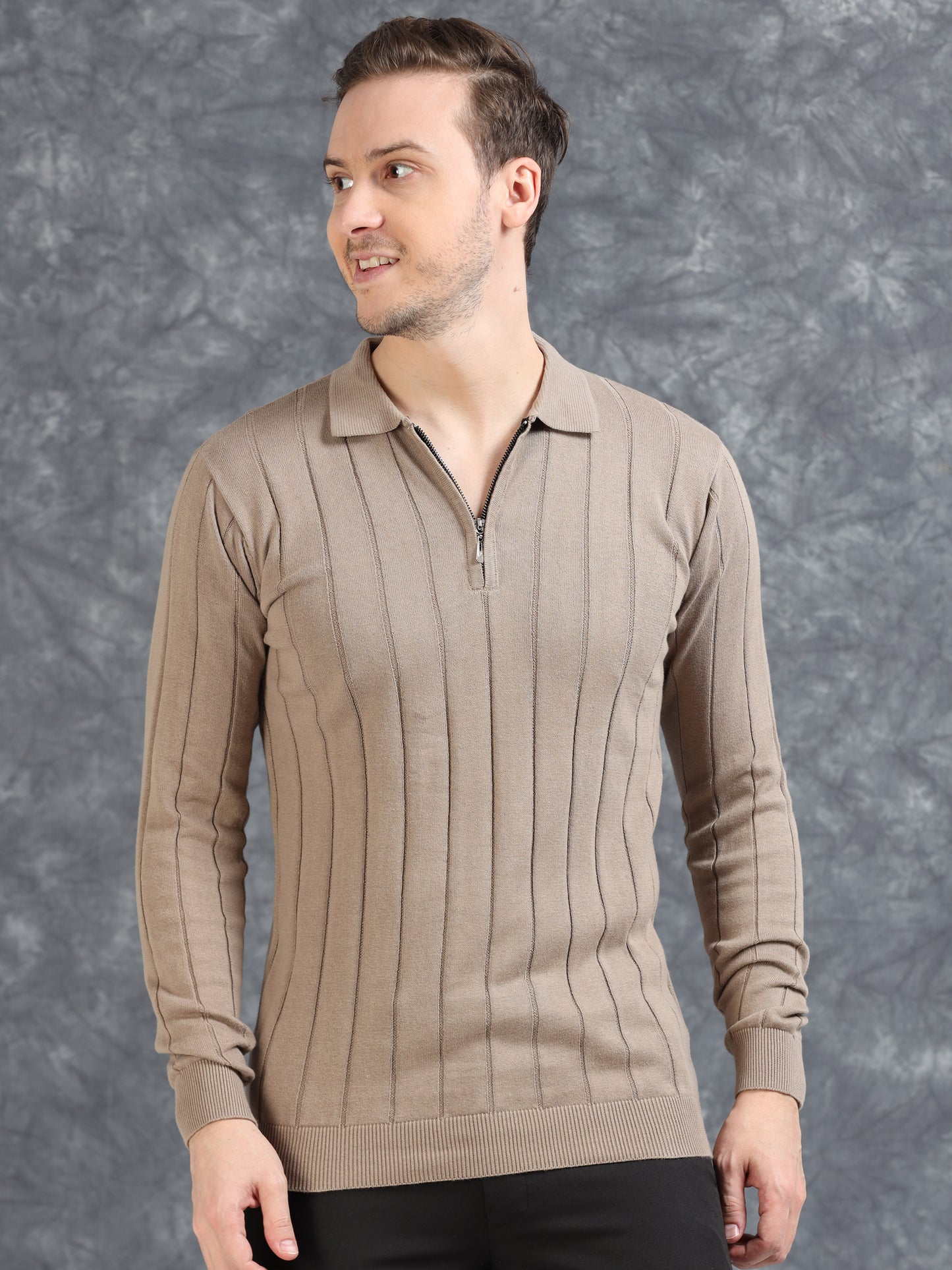 Ribbed Texture Full Sleeve T-Shirt Beige