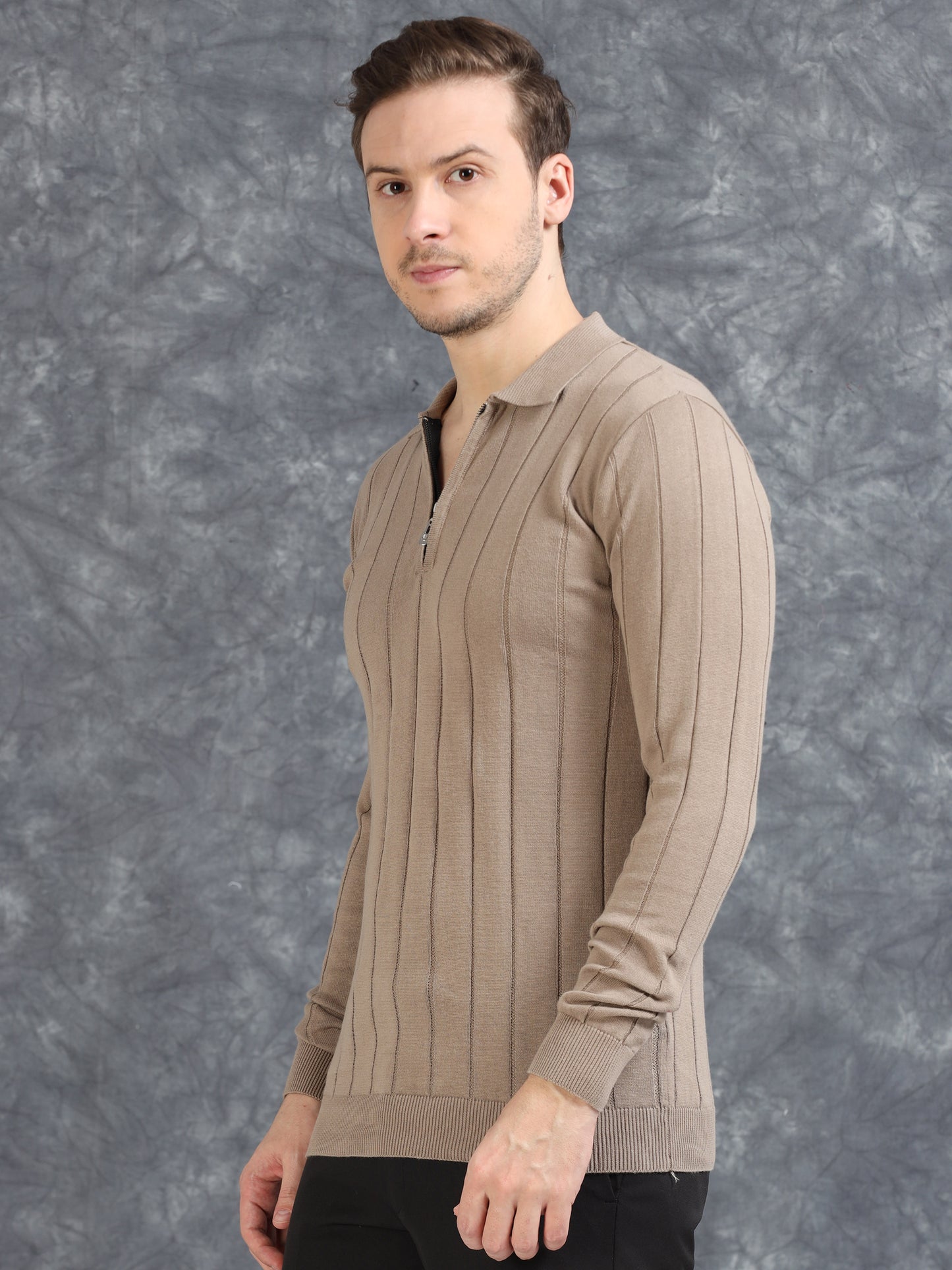 Ribbed Texture Full Sleeve T-Shirt Beige