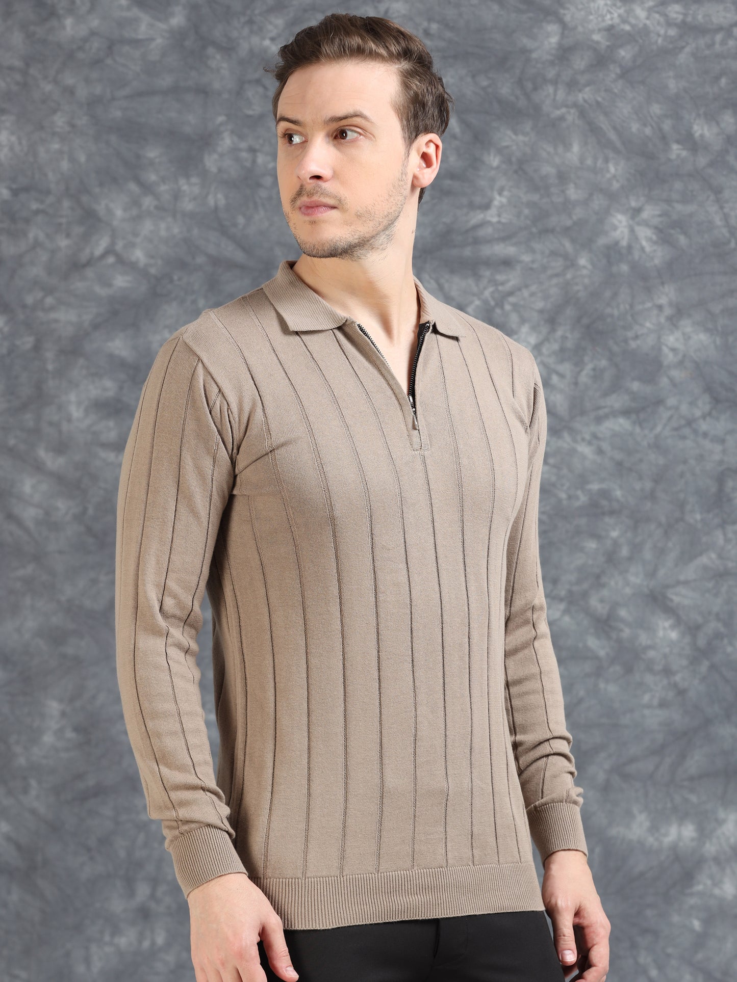Ribbed Texture Full Sleeve T-Shirt Beige